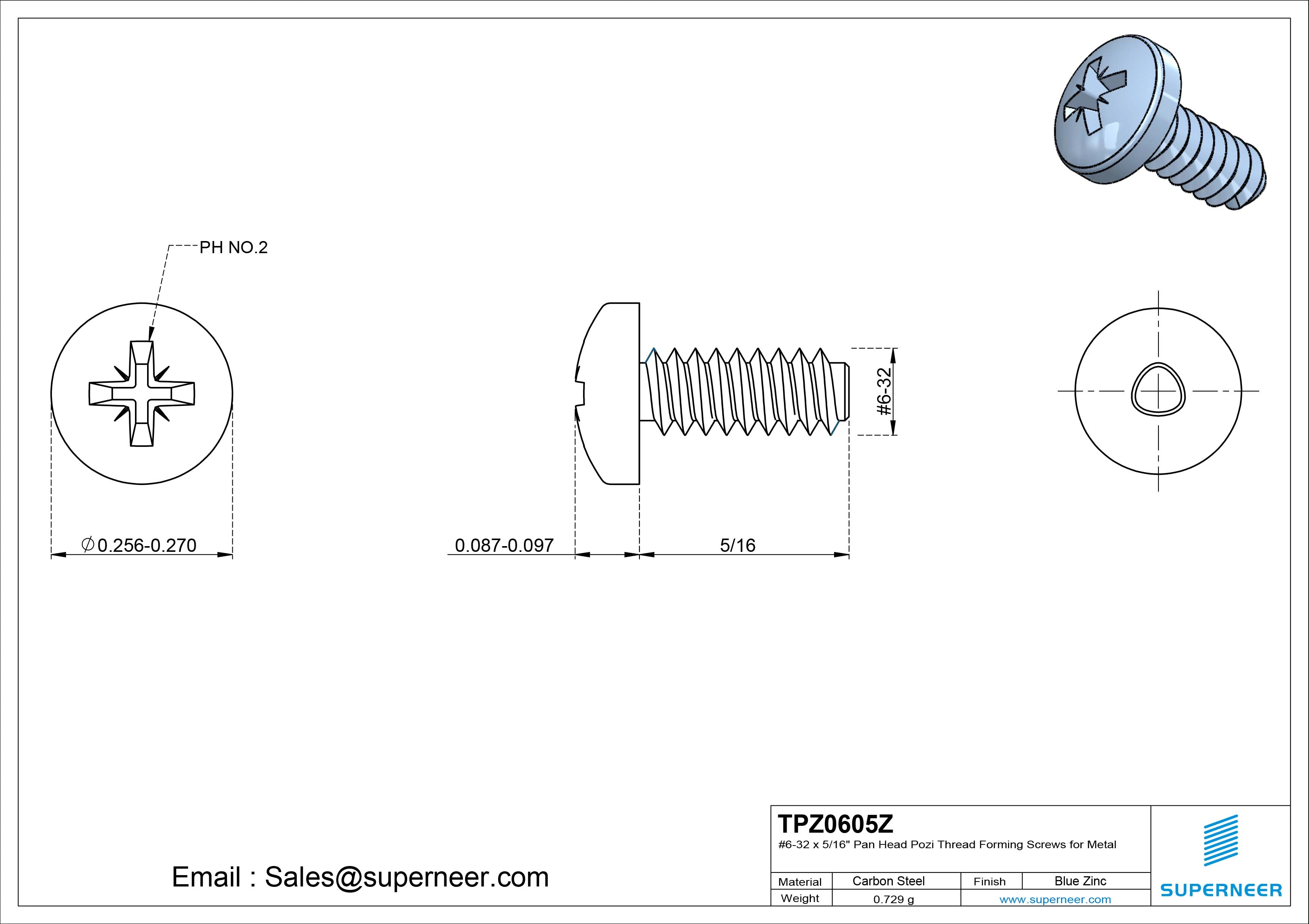 6-32 × 5/16 Pan Head Pozi Thread Forming  Screws for Metal  Steel Blue Zinc Plated