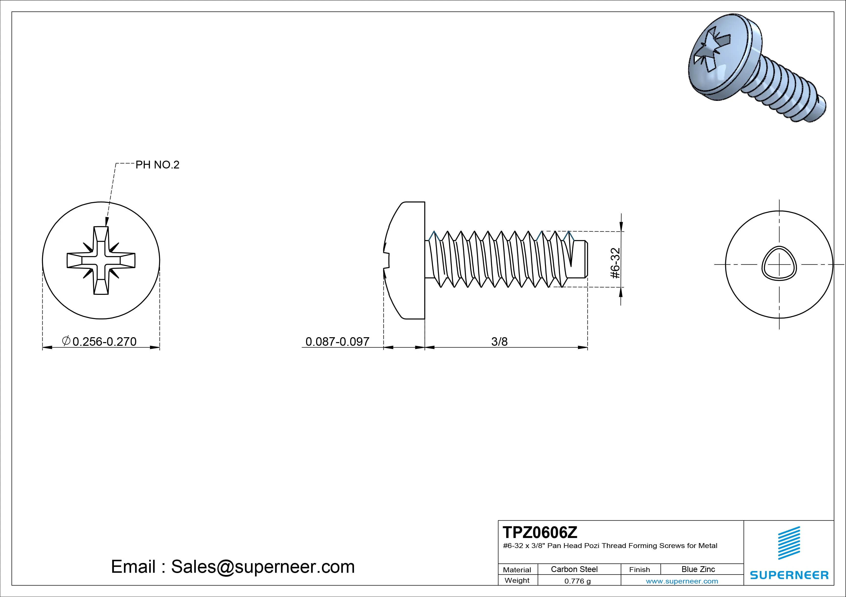6-32 × 3/8 Pan Head Pozi Thread Forming  Screws for Metal  Steel Blue Zinc Plated