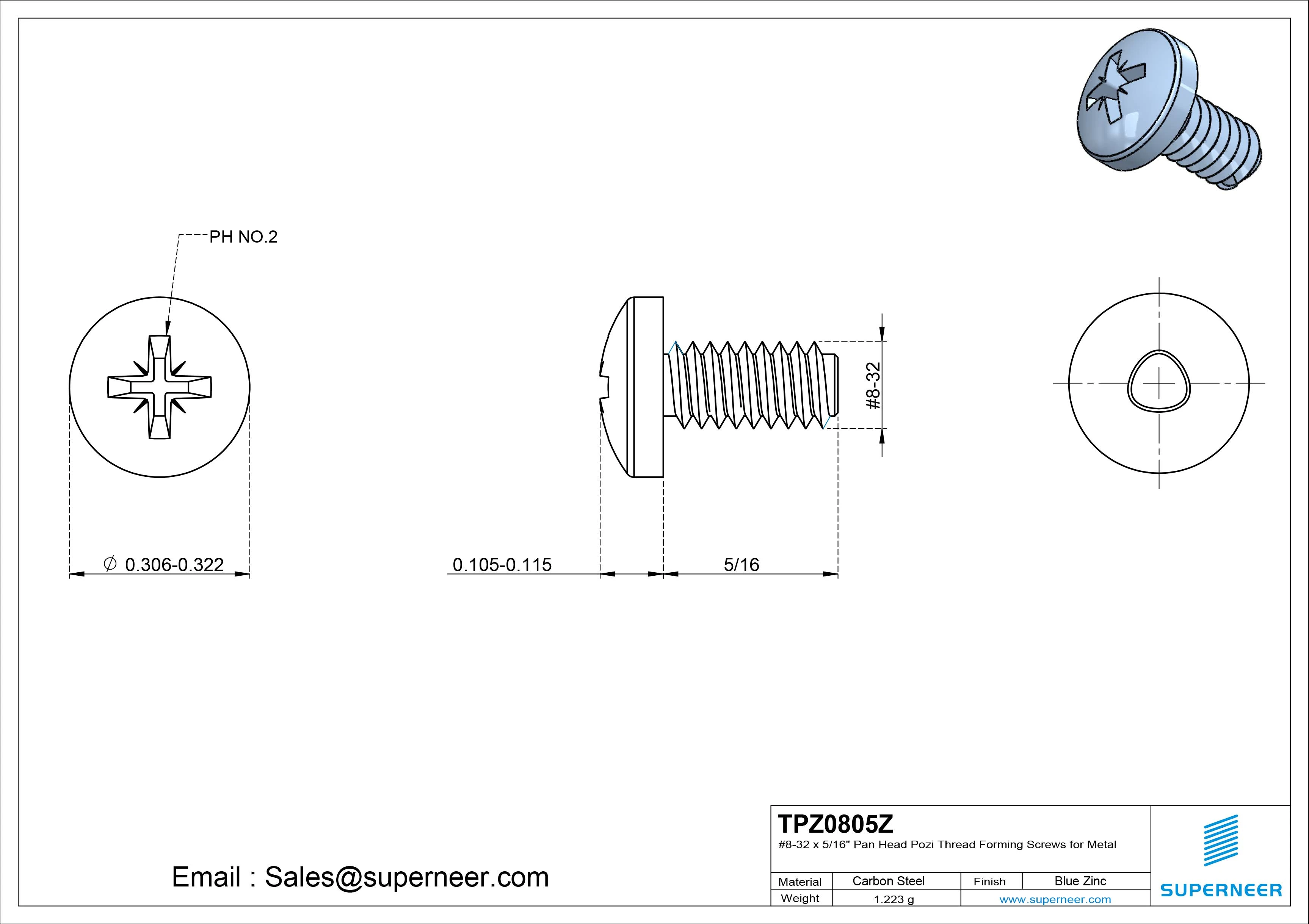 8-32 × 5/16 Pan Head Pozi Thread Forming  Screws for Metal  Steel Blue Zinc Plated