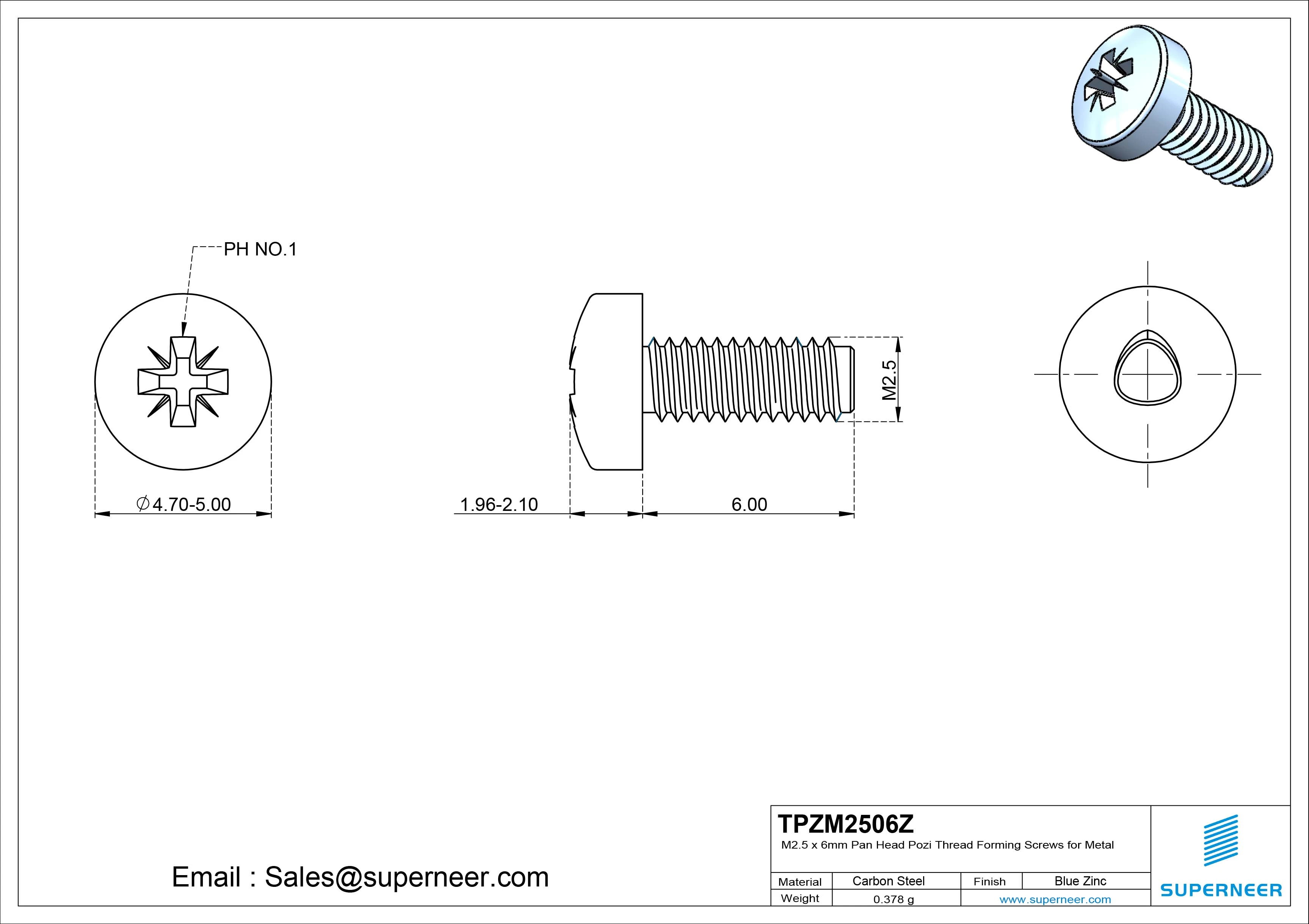 M2.5 × 6mm Pan Head Pozi Thread Forming Screws for Metal Steel Blue Zinc Plated