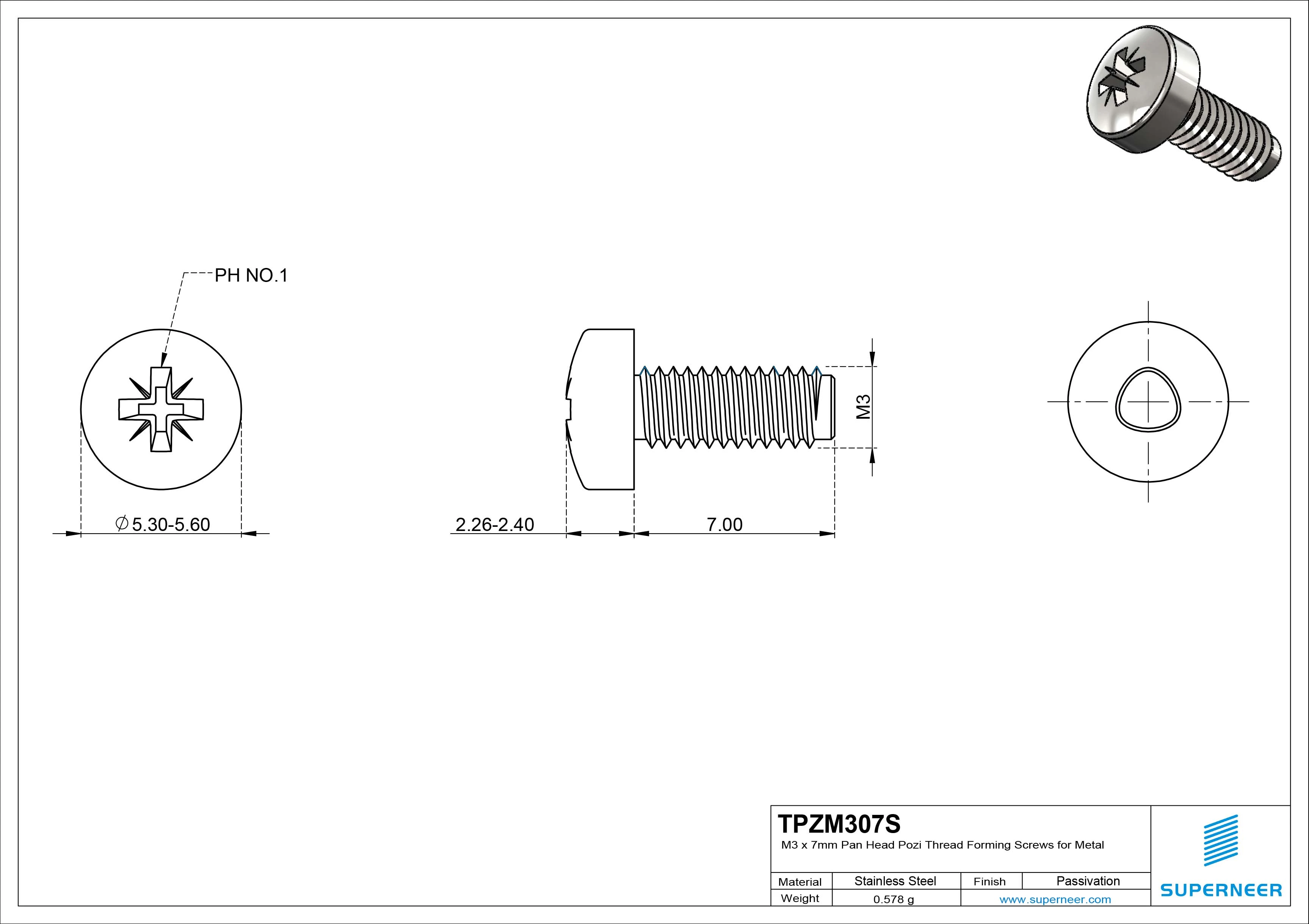 M3 × 7mm Pan Head Pozi Thread Forming Screws for Metal SUS304 Stainless Steel Inox