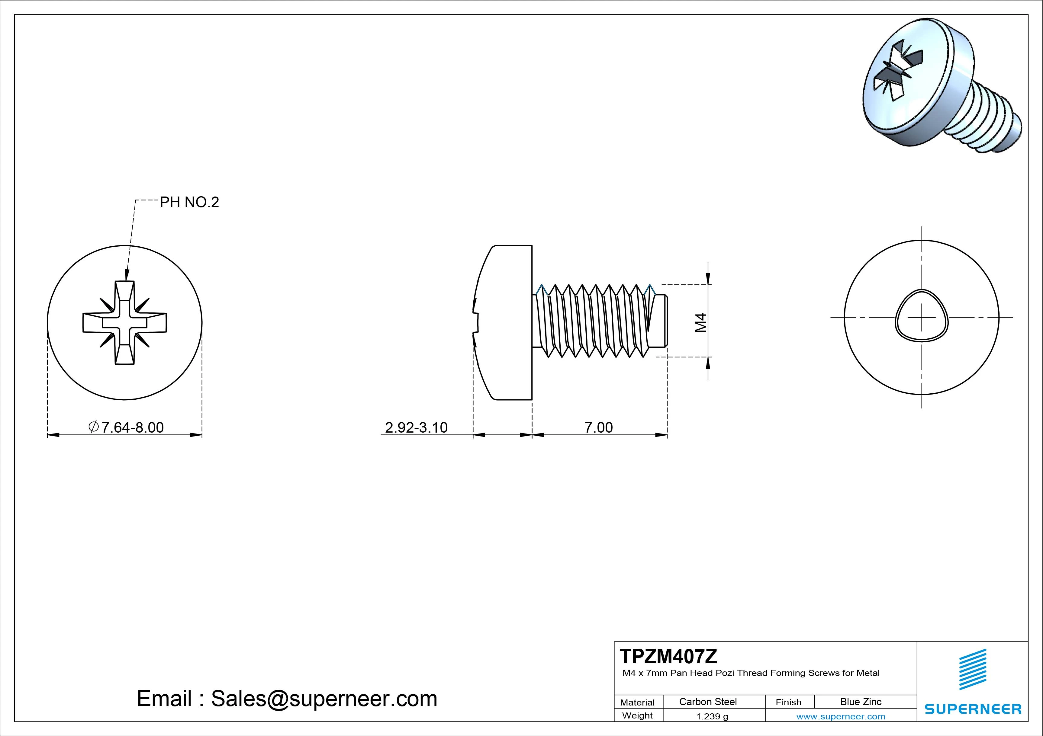 M4 × 7mm Pan Head Pozi Thread Forming Screws for Metal Steel Blue Zinc Plated
