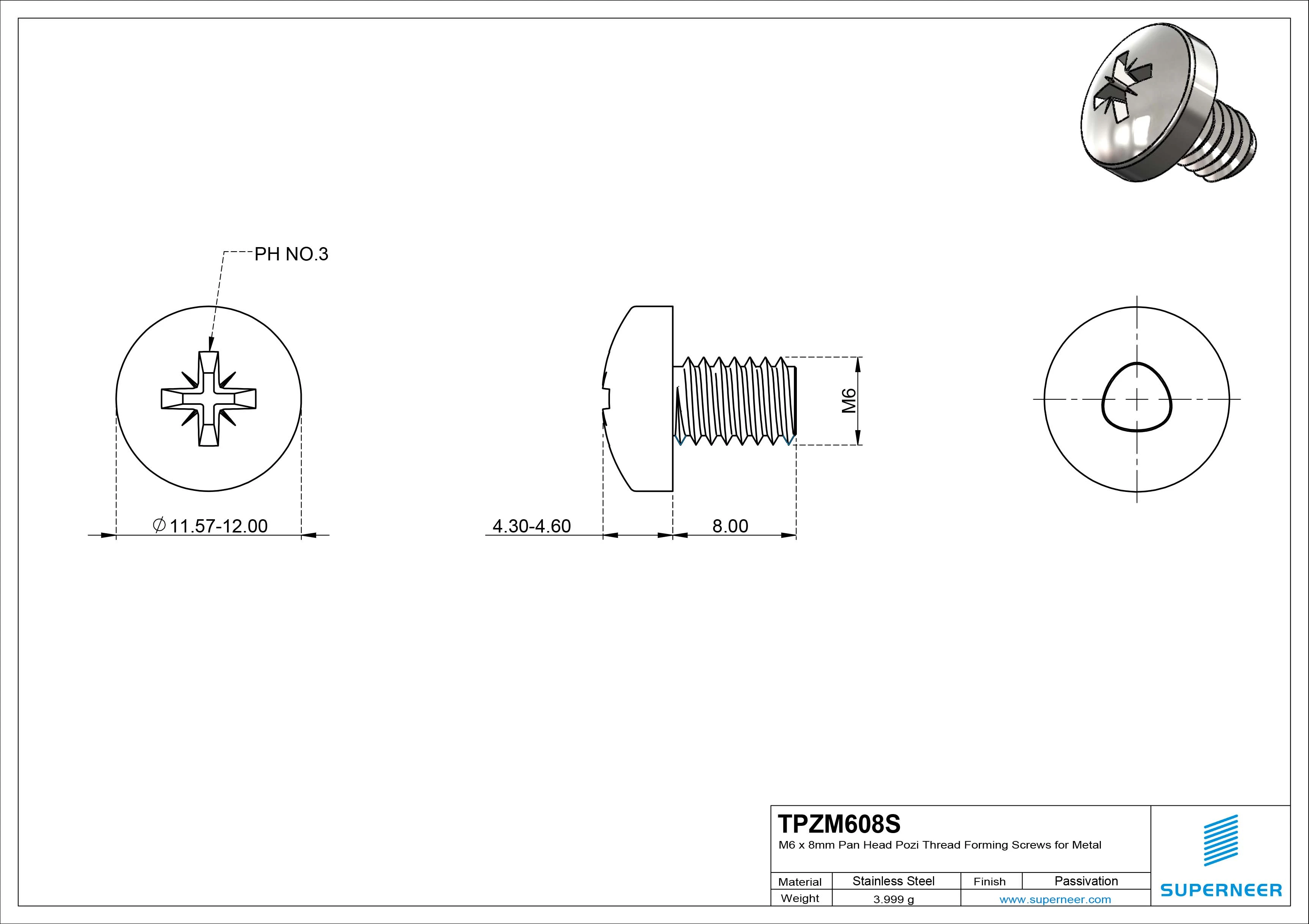 M6 × 8mm Pan Head Pozi Thread Forming Screws for Metal SUS304 Stainless Steel Inox