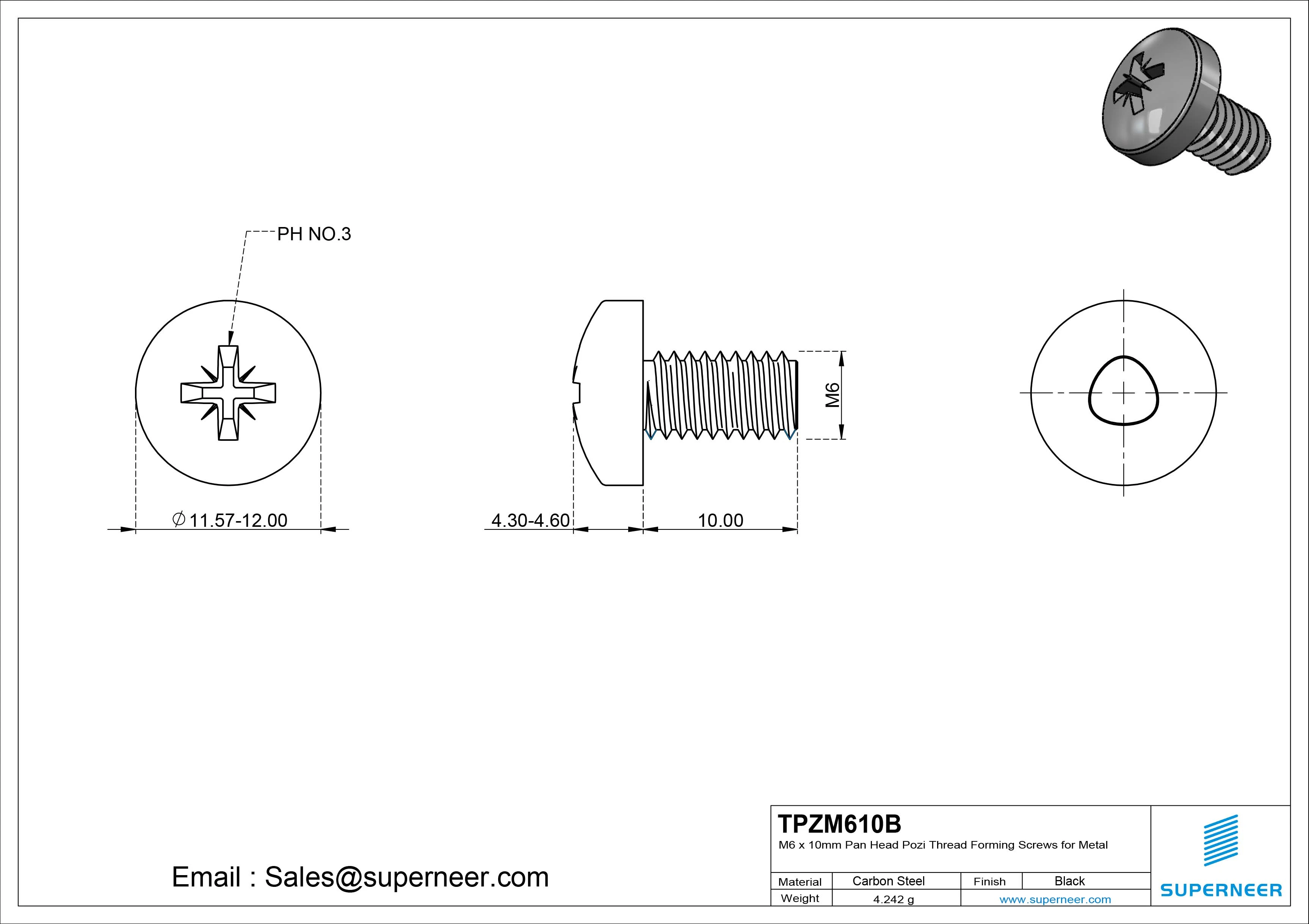 M6 × 10mm Pan Head Pozi Thread Forming Screws for Metal Steel Black