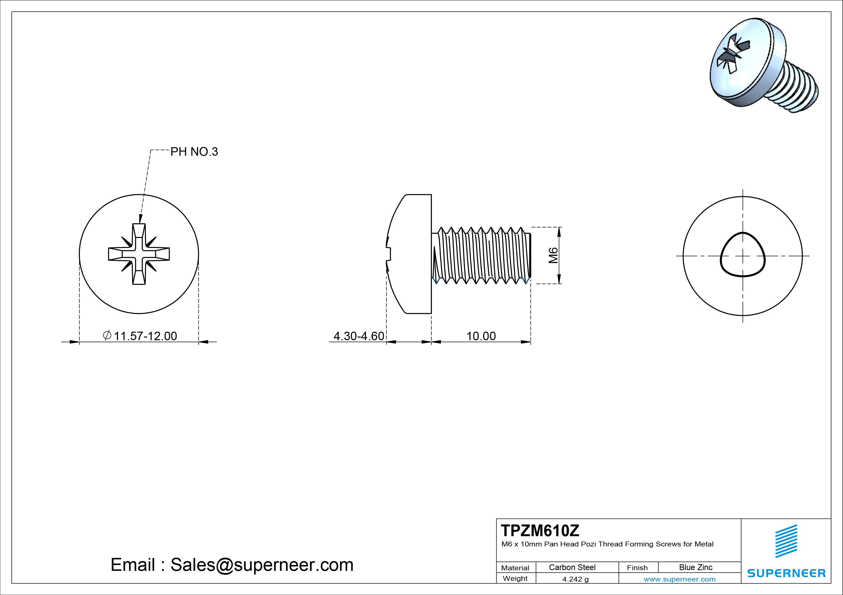 M6 × 10mm Pan Head Pozi Thread Forming Screws for Metal Steel Blue Zinc Plated