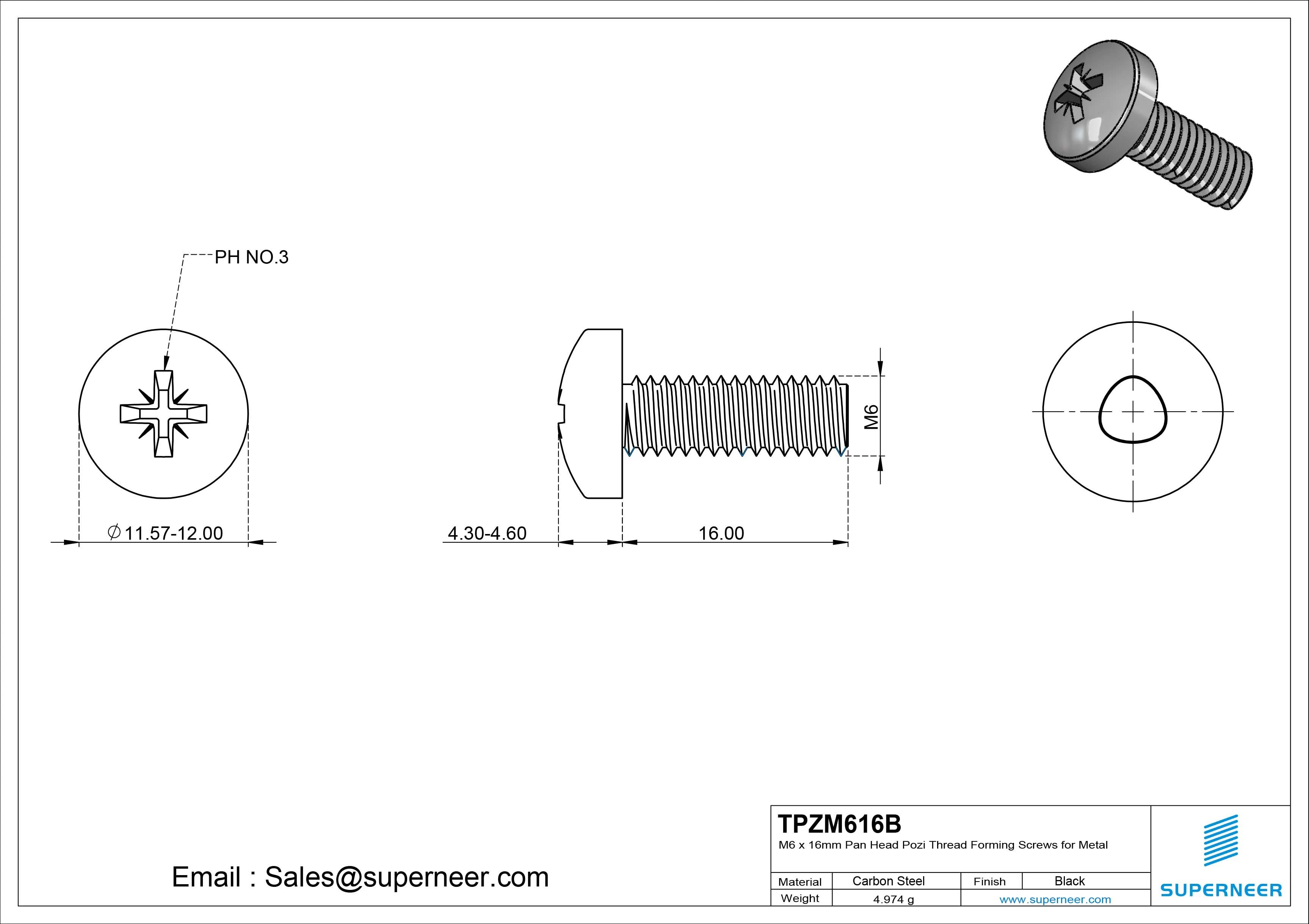 M6 × 16mm Pan Head Pozi Thread Forming Screws for Metal Steel Black