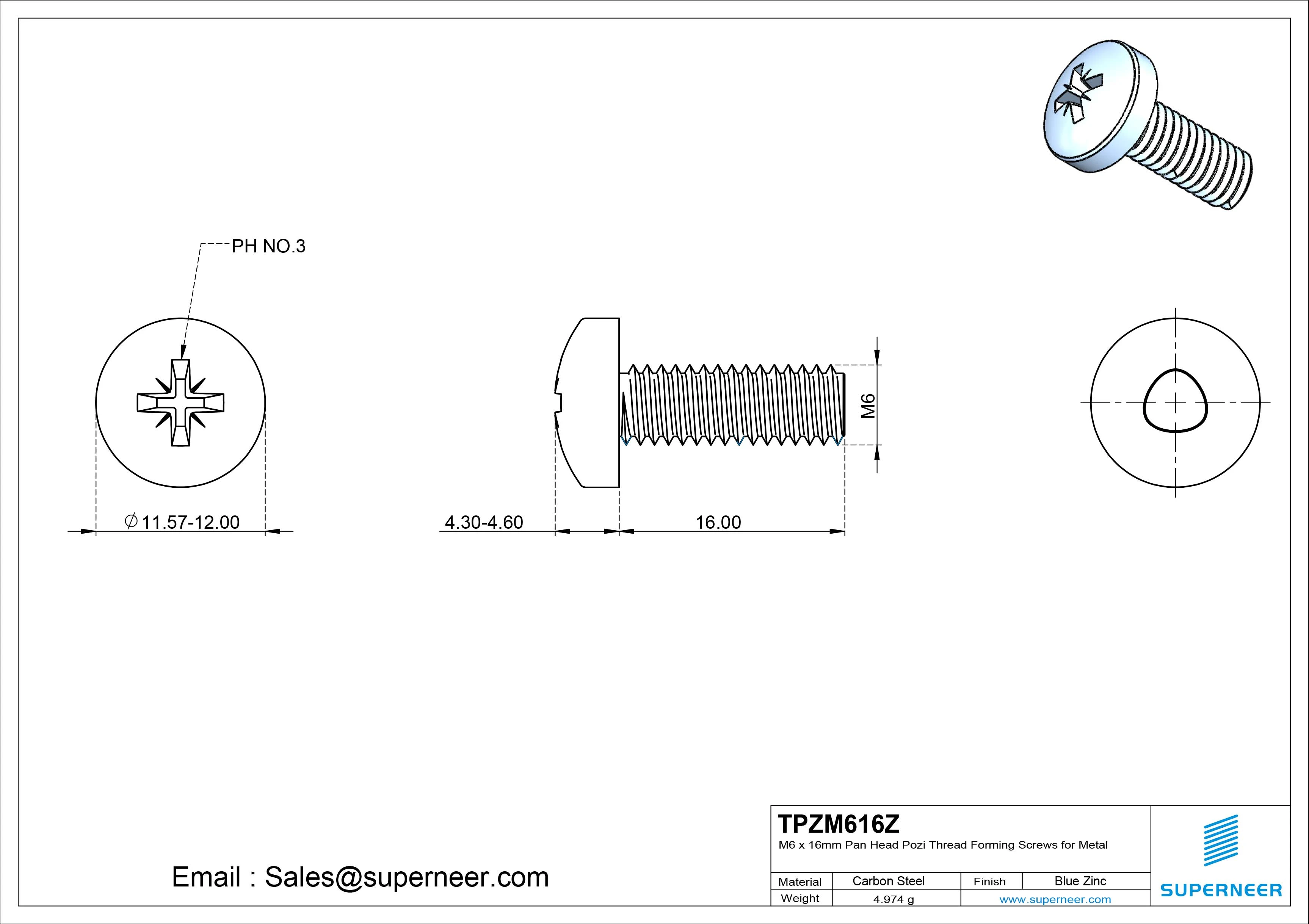 M6 × 16mm Pan Head Pozi Thread Forming Screws for Metal Steel Blue Zinc Plated