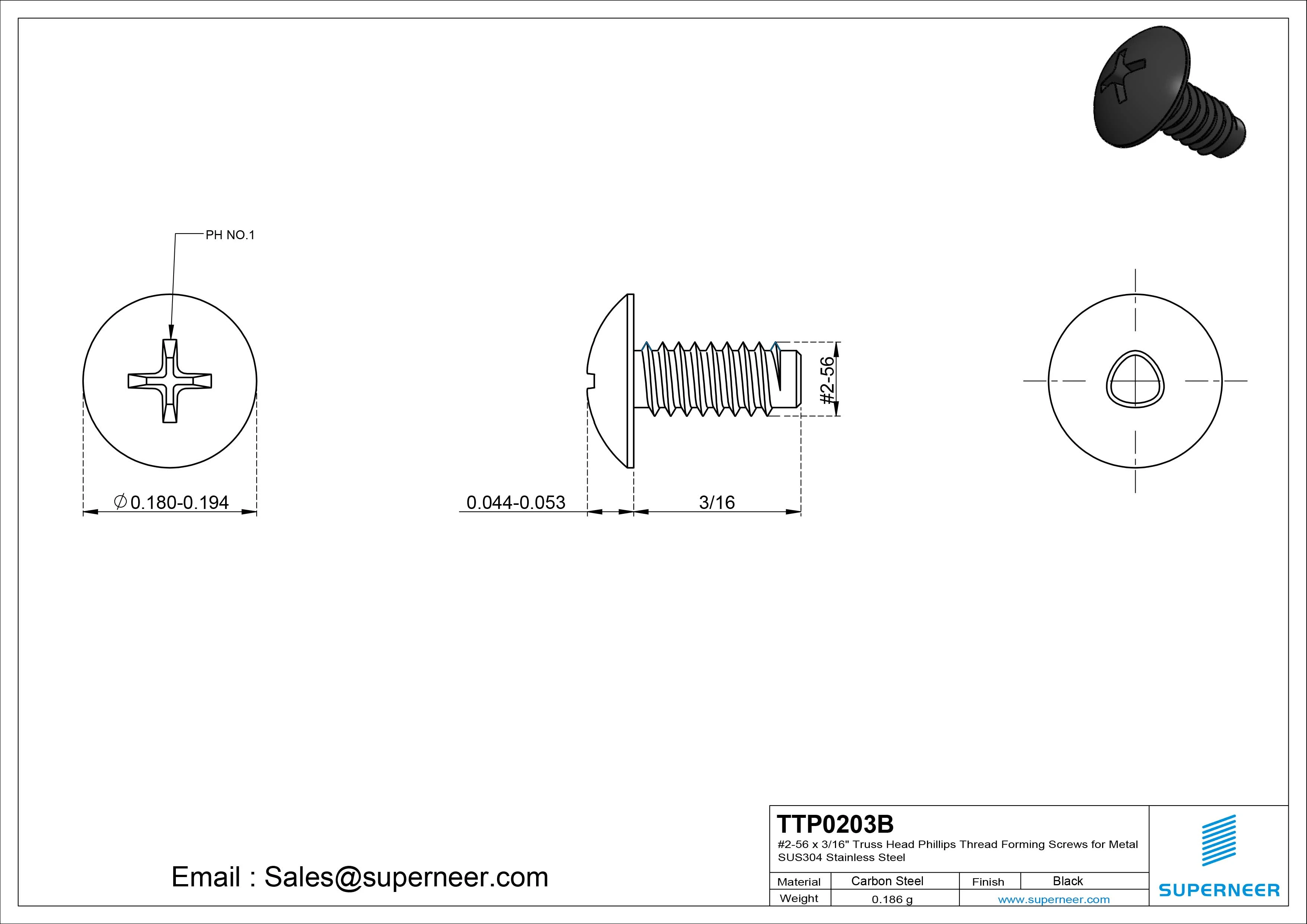 2-56 × 3/16 Truss Head Phillips Thread Forming Screws for Metal Steel Black