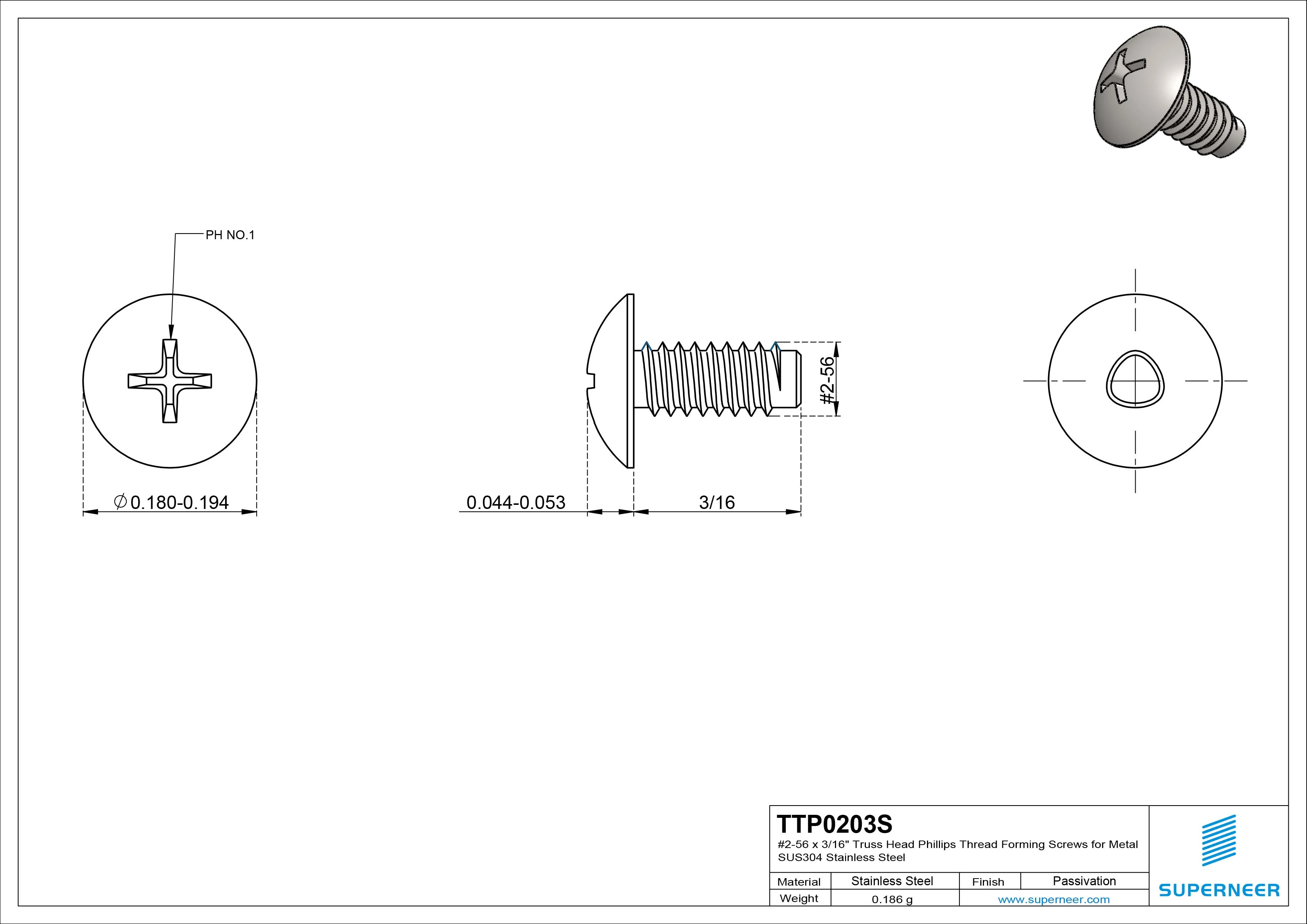 2-56 × 3/16 Truss Head Phillips Thread Forming Screws for Metal SUS304 Stainless Steel Inox