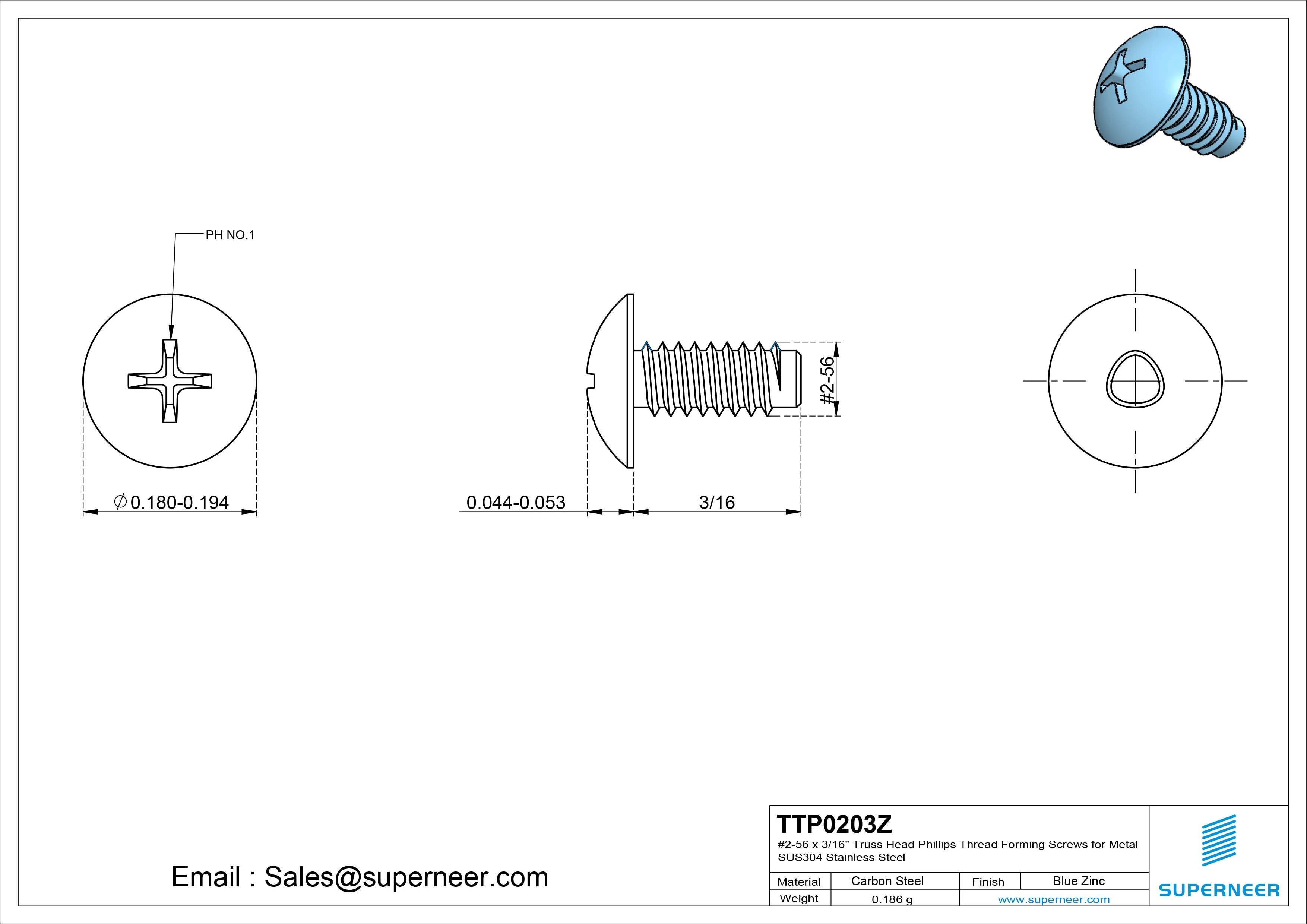 2-56 × 3/16 Truss Head Phillips Thread Forming Screws for Metal Steel Blue Zinc Plated