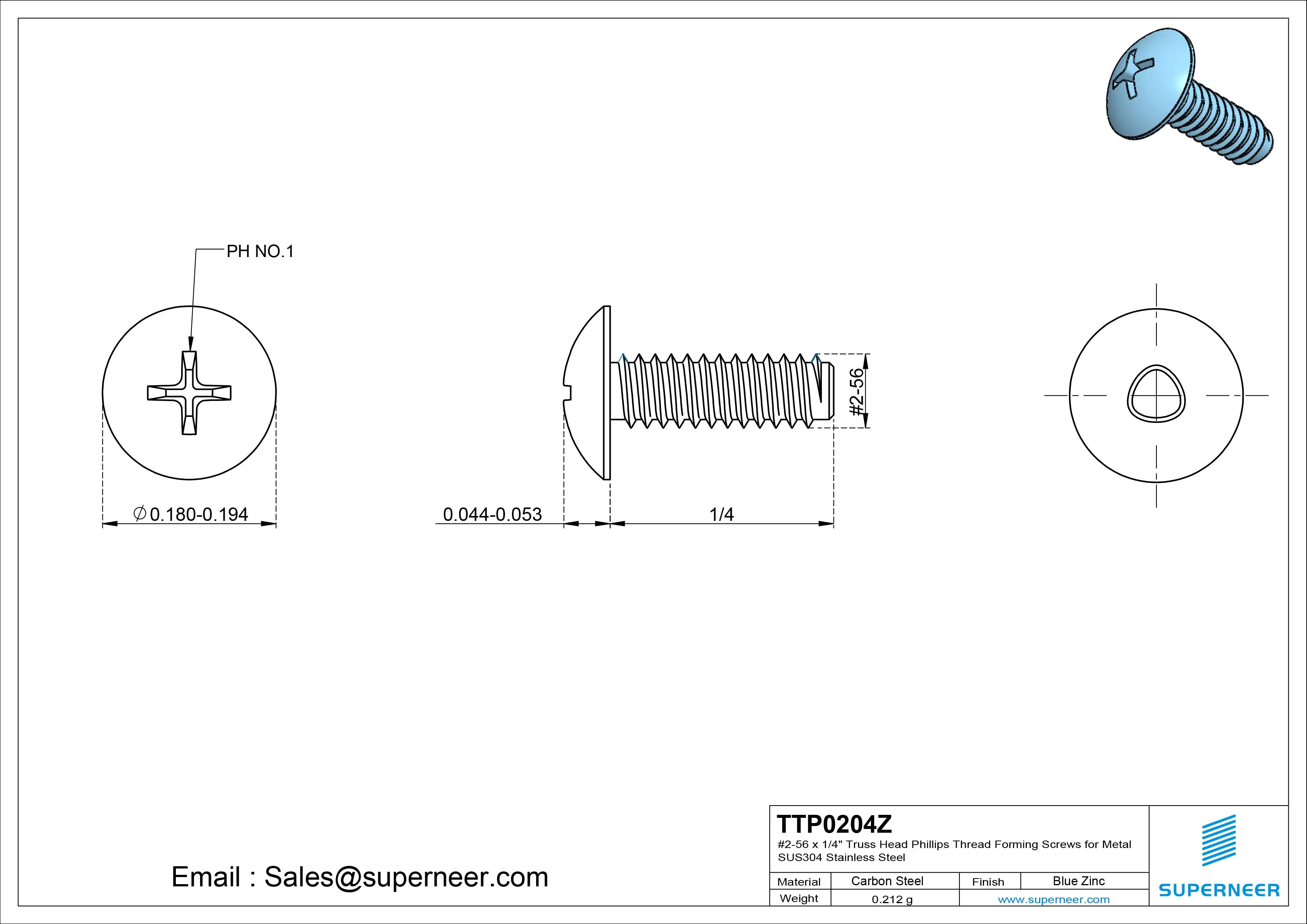 2-56 × 1/4 Truss Head Phillips Thread Forming Screws for Metal Steel Blue Zinc Plated
