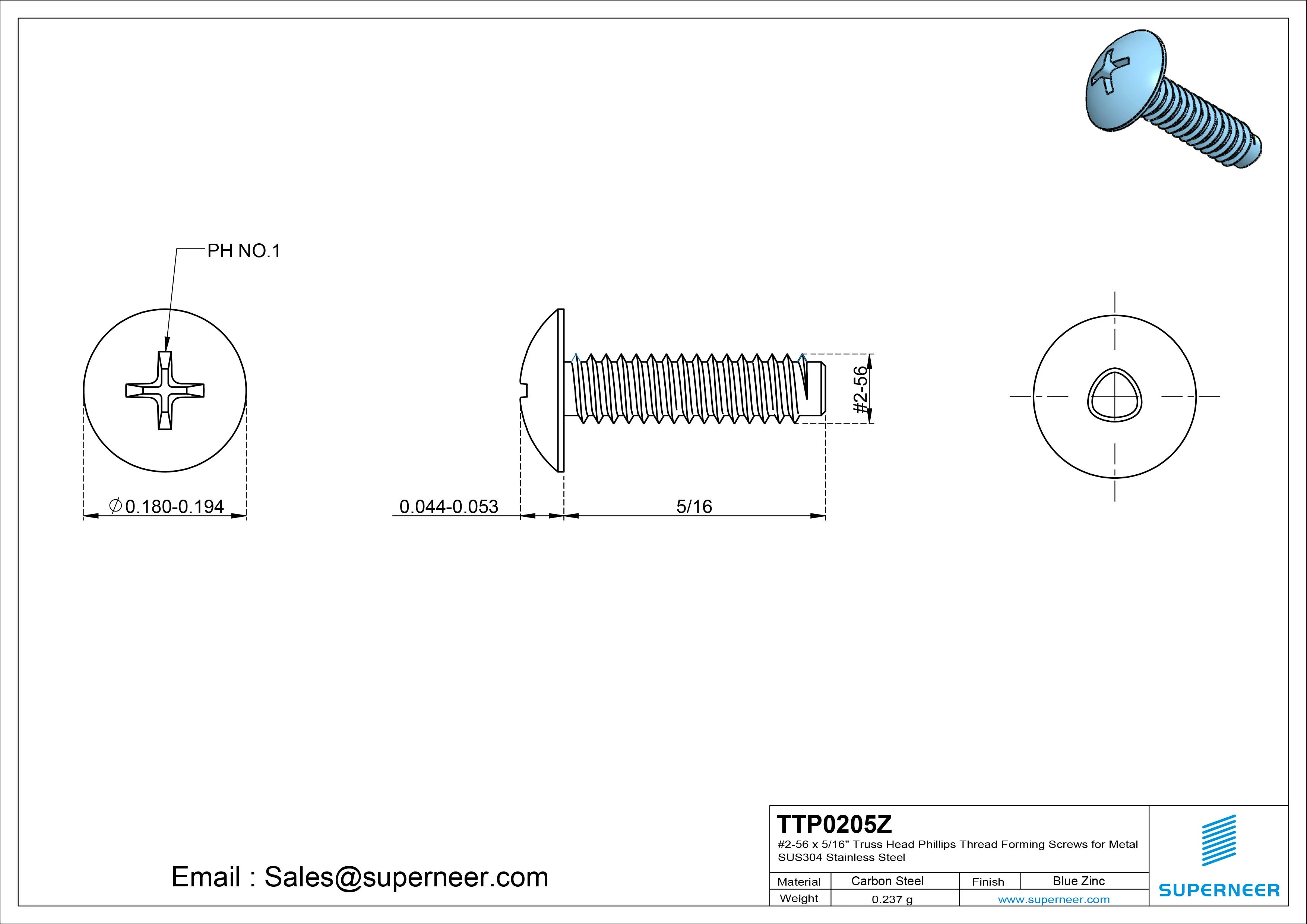 2-56 × 5/16 Truss Head Phillips Thread Forming Screws for Metal Steel Blue Zinc Plated