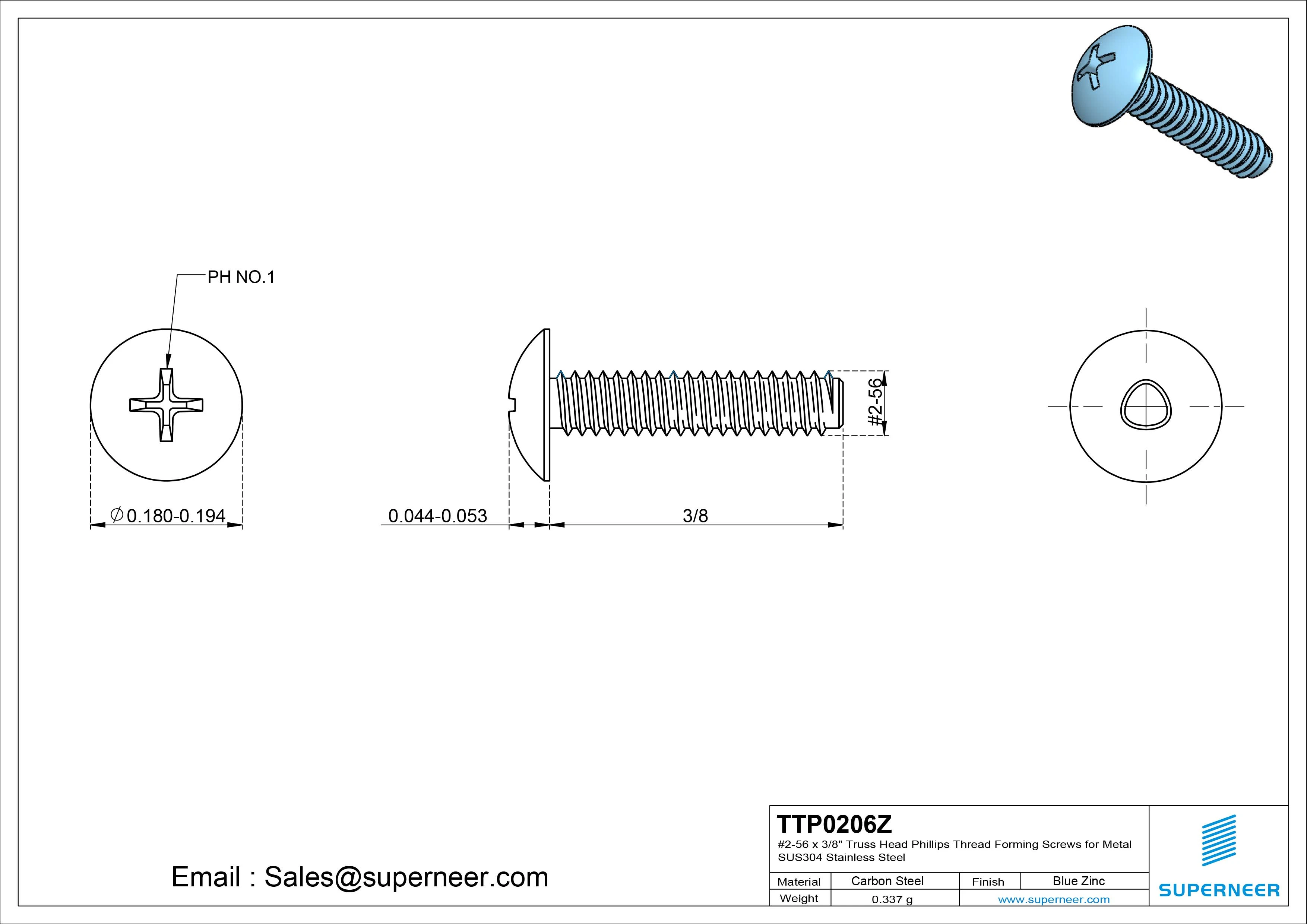 2-56 × 3/8 Truss Head Phillips Thread Forming Screws for Metal Steel Blue Zinc Plated