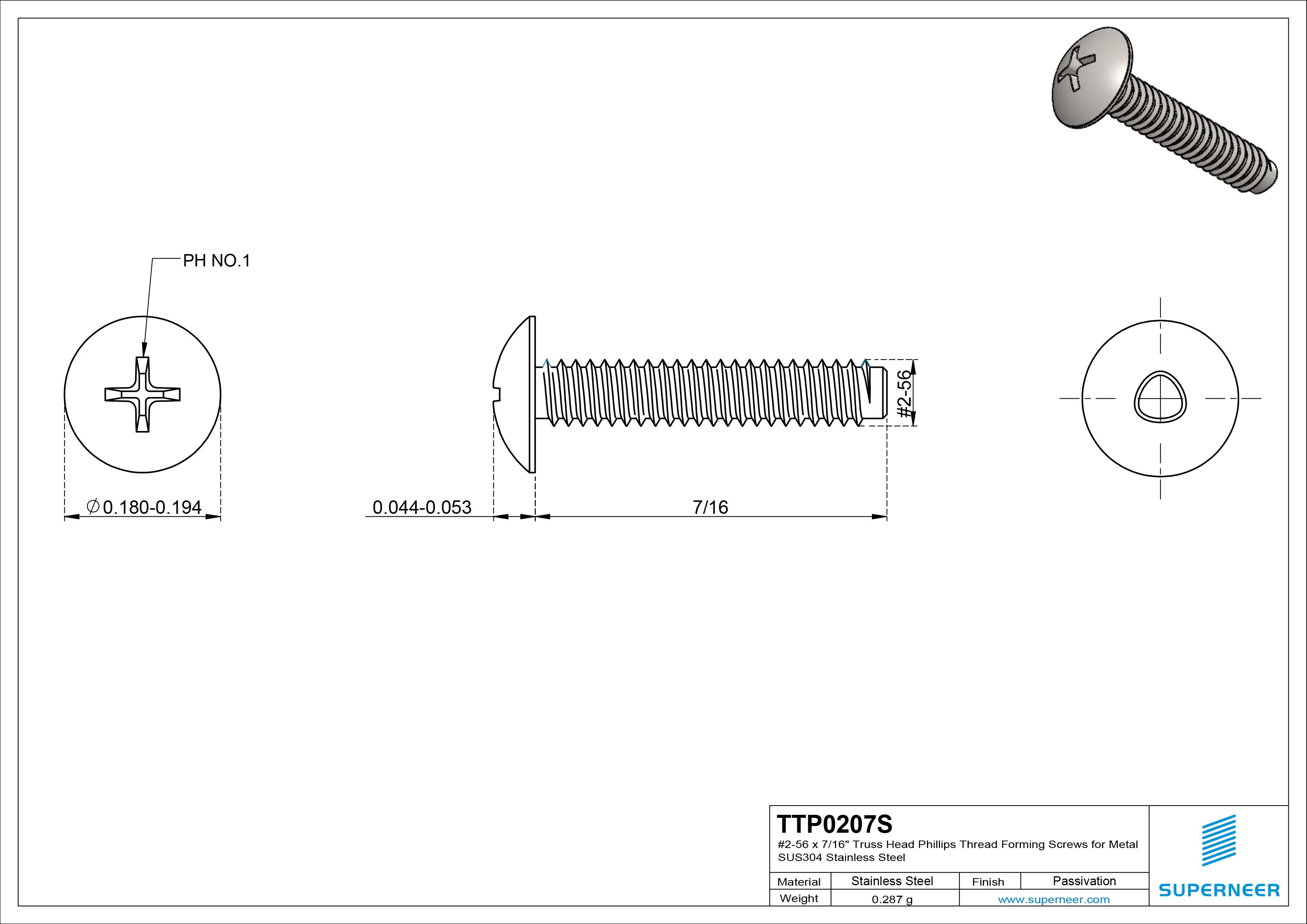 2-56 × 7/16 Truss Head Phillips Thread Forming Screws for Metal SUS304 Stainless Steel Inox