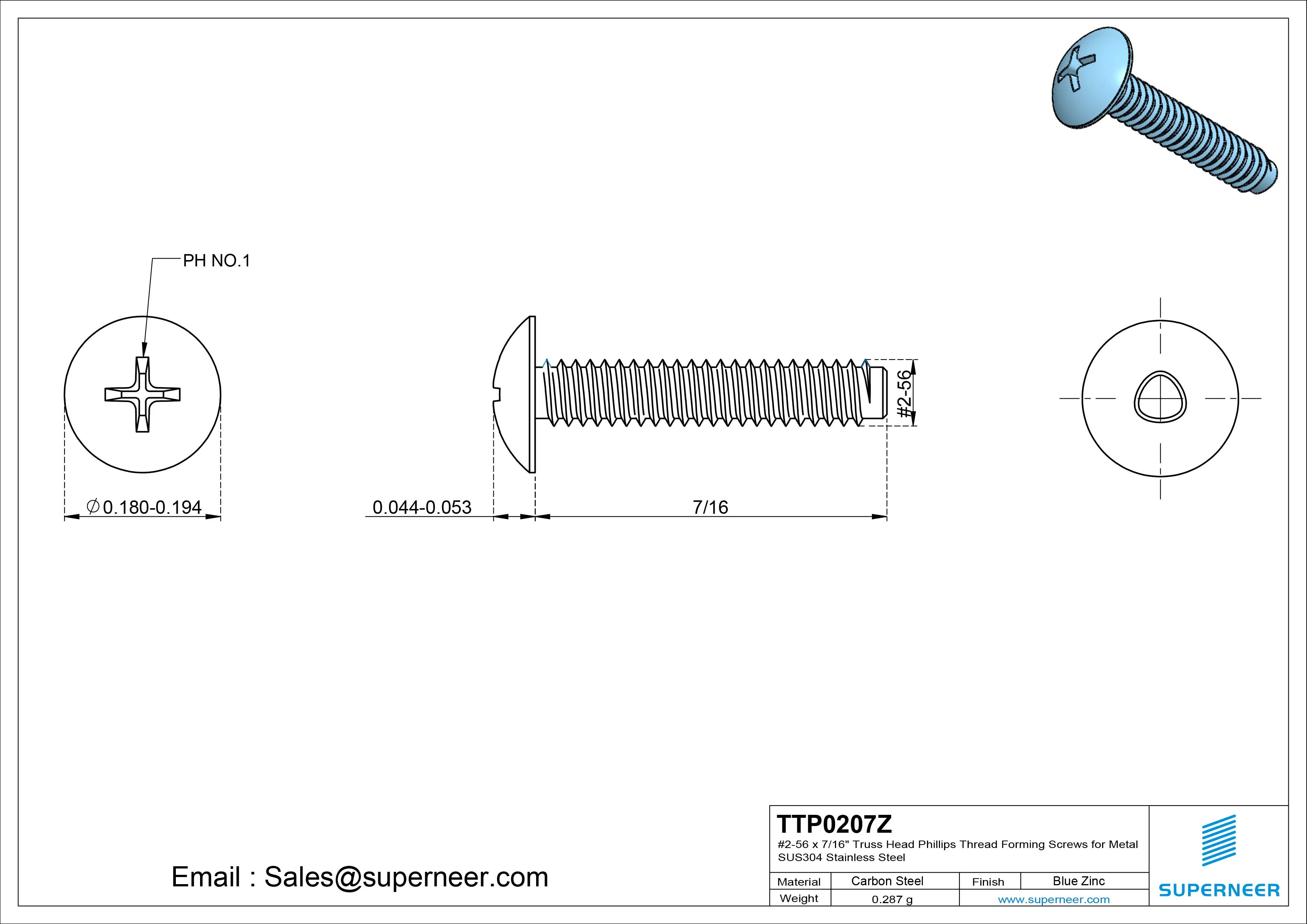 2-56 × 7/16 Truss Head Phillips Thread Forming Screws for Metal Steel Blue Zinc Plated