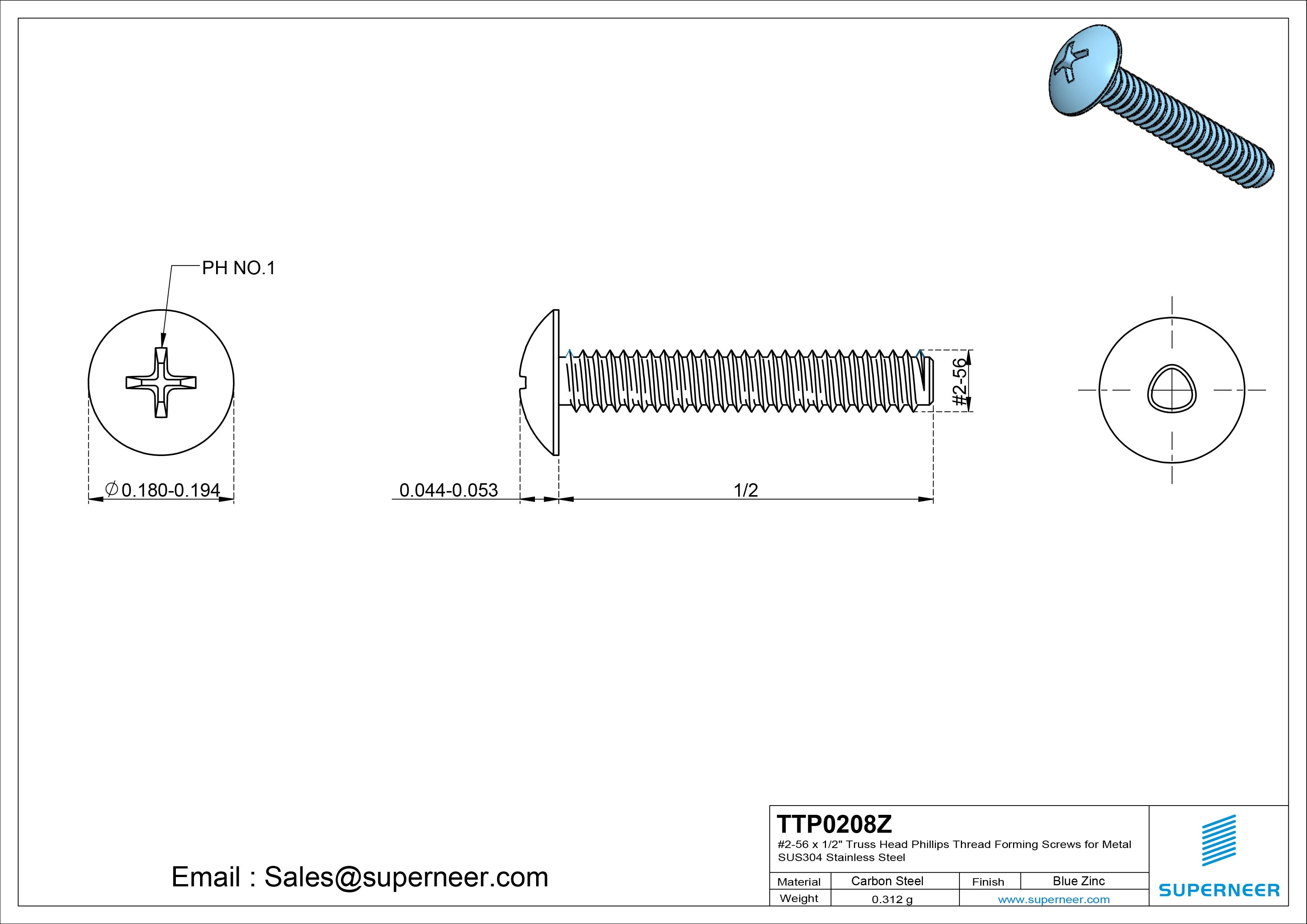 2-56 × 1/2 Truss Head Phillips Thread Forming Screws for Metal Steel Blue Zinc Plated