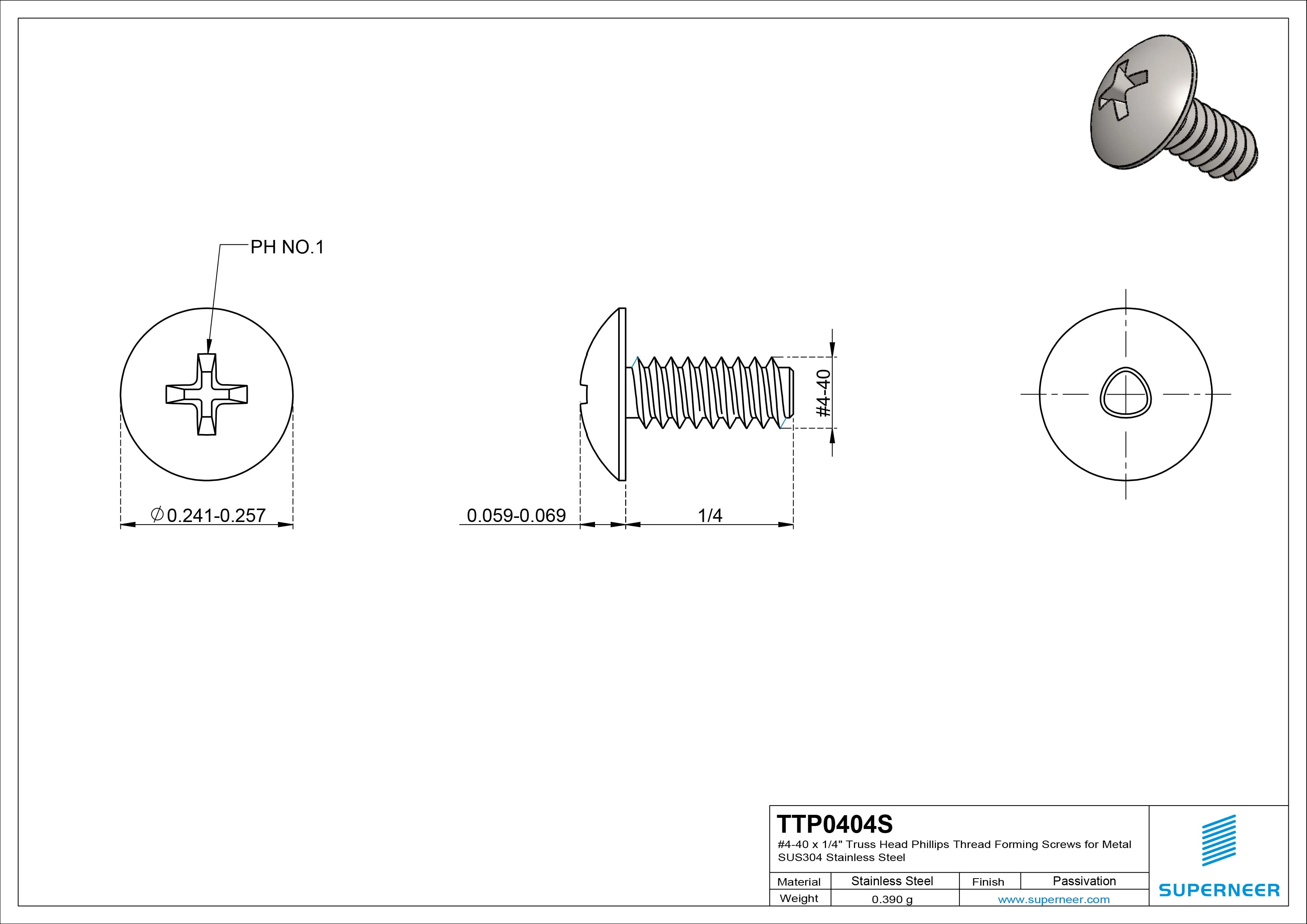4-40 × 1/4 Truss Head Phillips Thread Forming Screws for Metal SUS304 Stainless Steel Inox