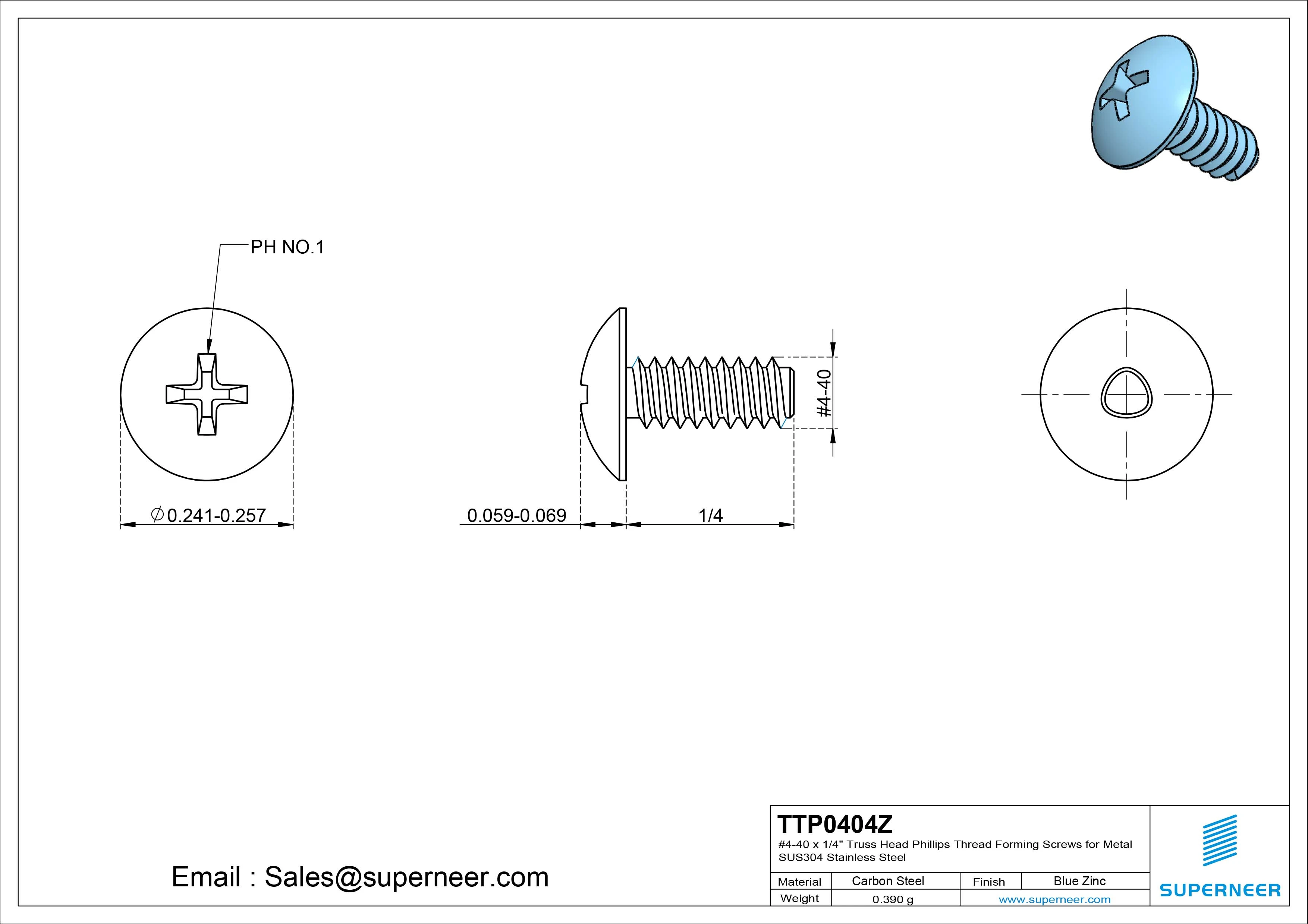 4-40 × 1/4 Truss Head Phillips Thread Forming Screws for Metal Steel Blue Zinc Plated