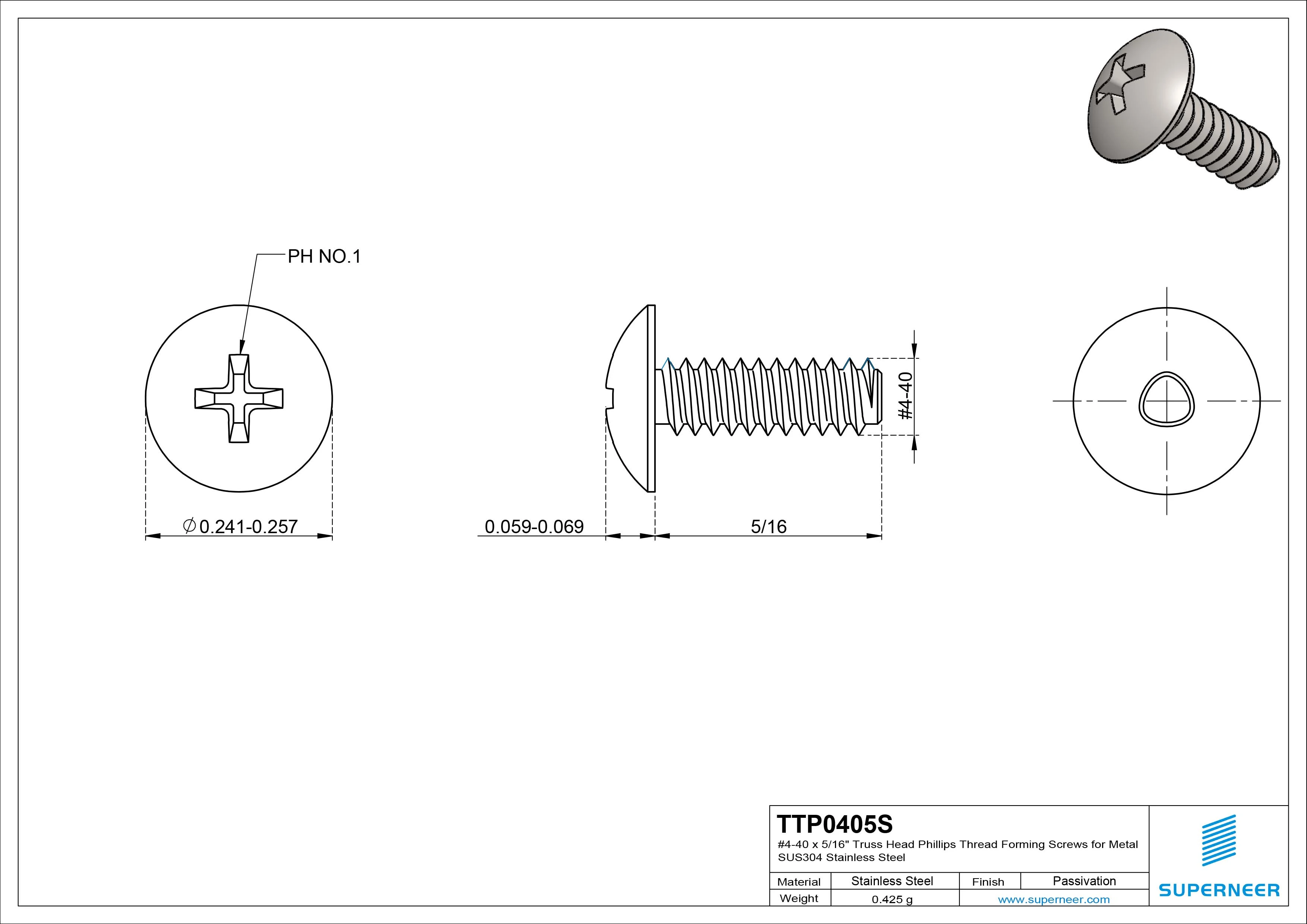 4-40 × 5/16 Truss Head Phillips Thread Forming Screws for Metal SUS304 Stainless Steel Inox