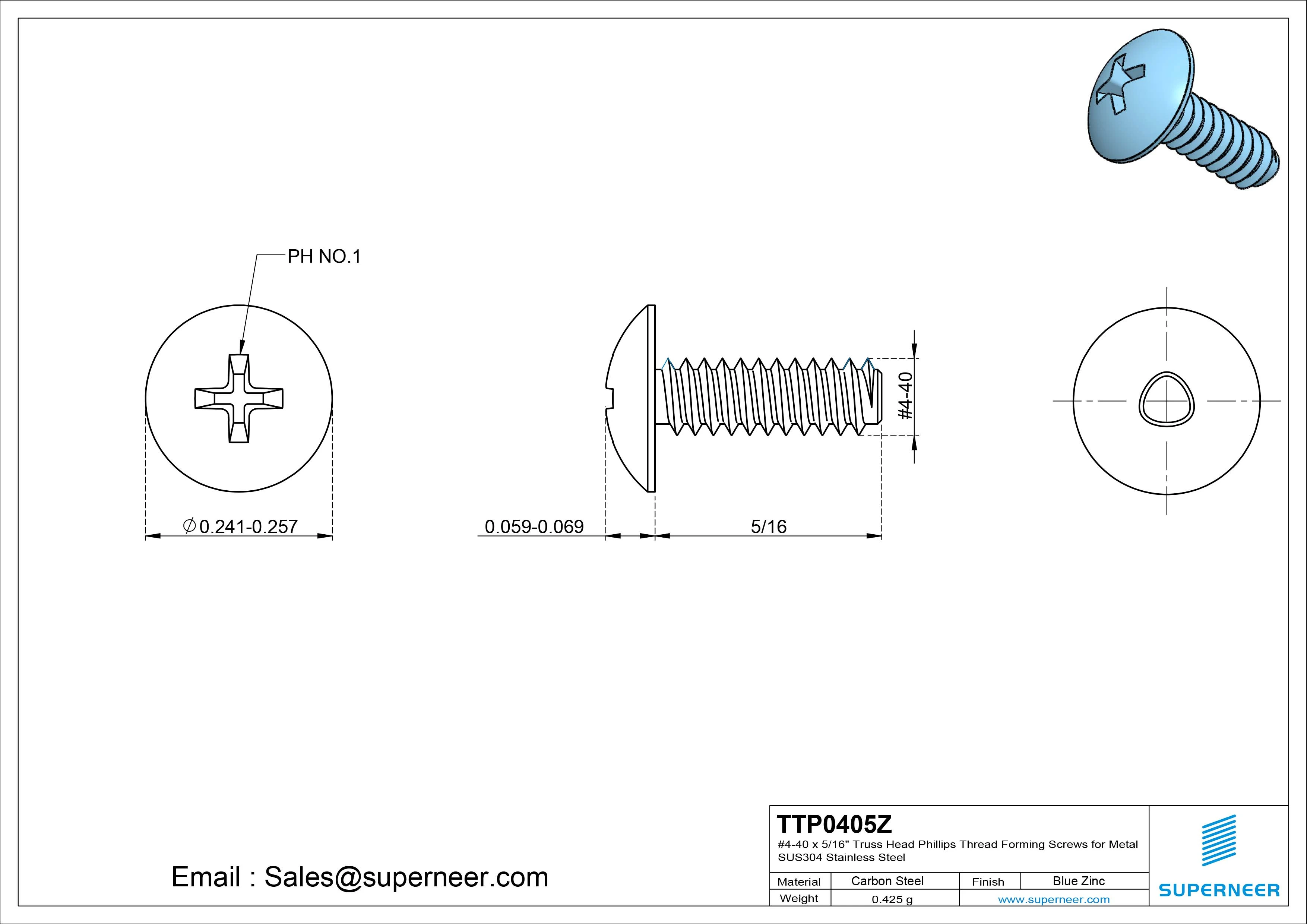 4-40 × 5/16 Truss Head Phillips Thread Forming Screws for Metal Steel Blue Zinc Plated