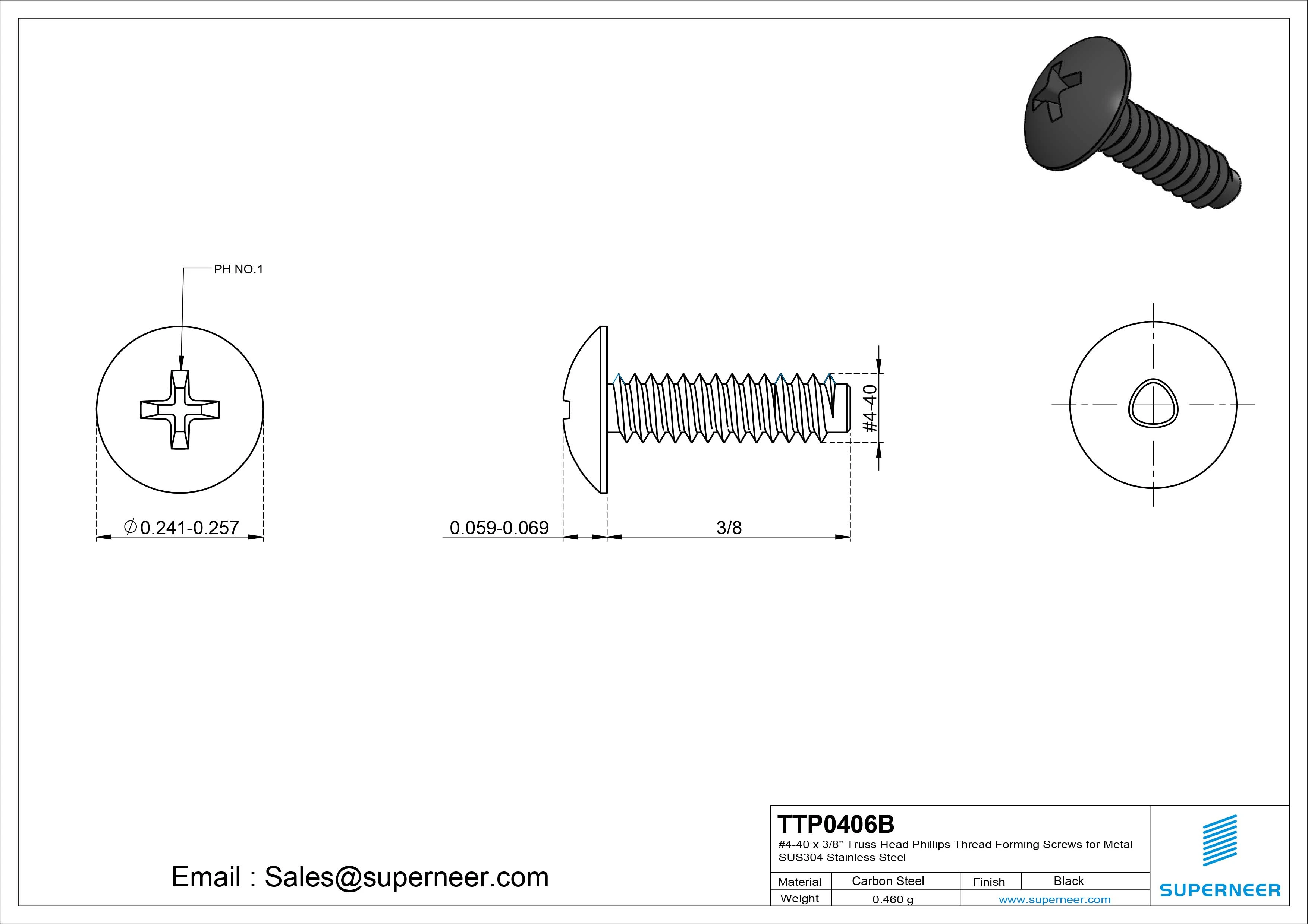 4-40 × 3/8 Truss Head Phillips Thread Forming Screws for Metal Steel Black