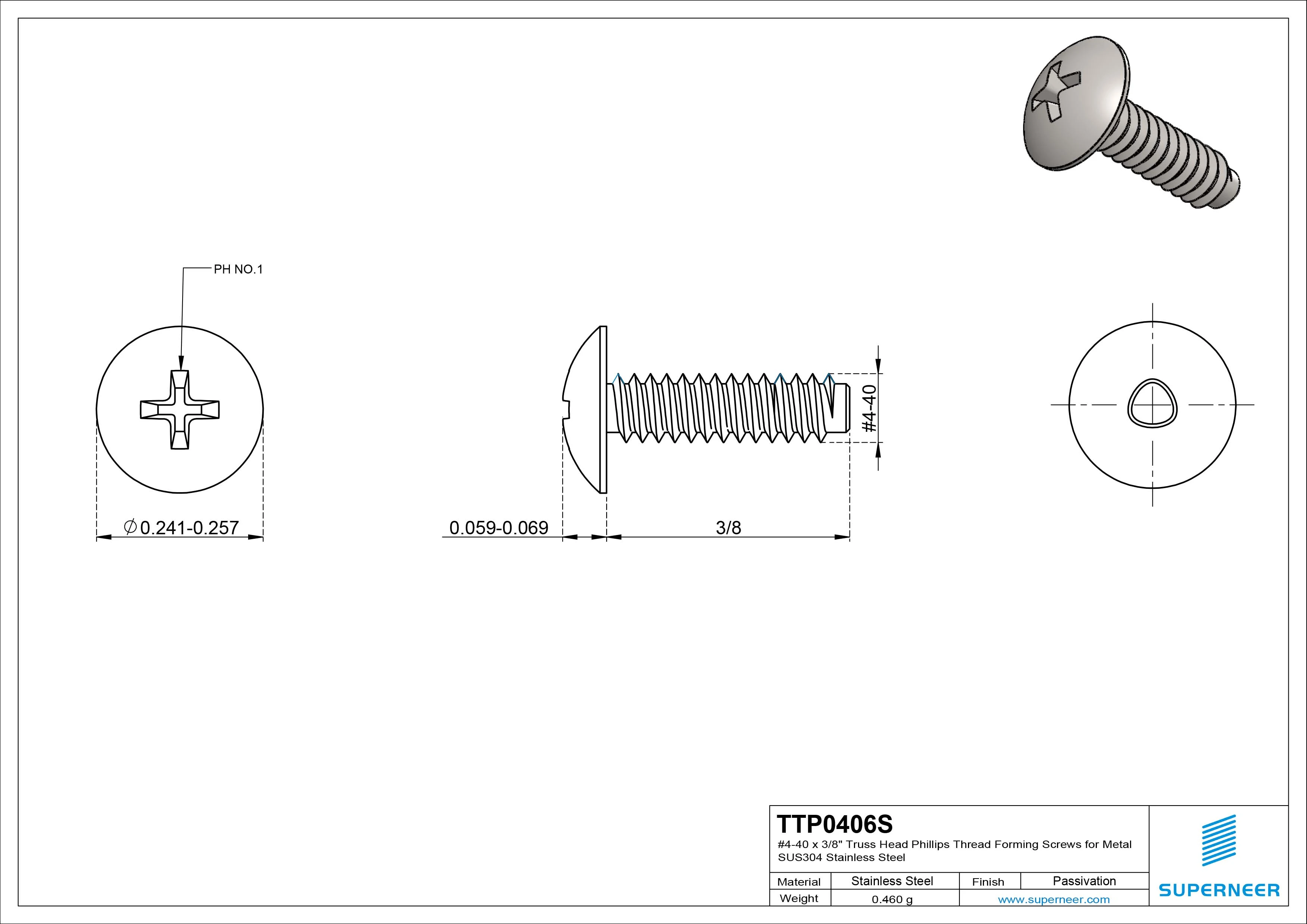4-40 × 3/8 Truss Head Phillips Thread Forming Screws for Metal SUS304 Stainless Steel Inox