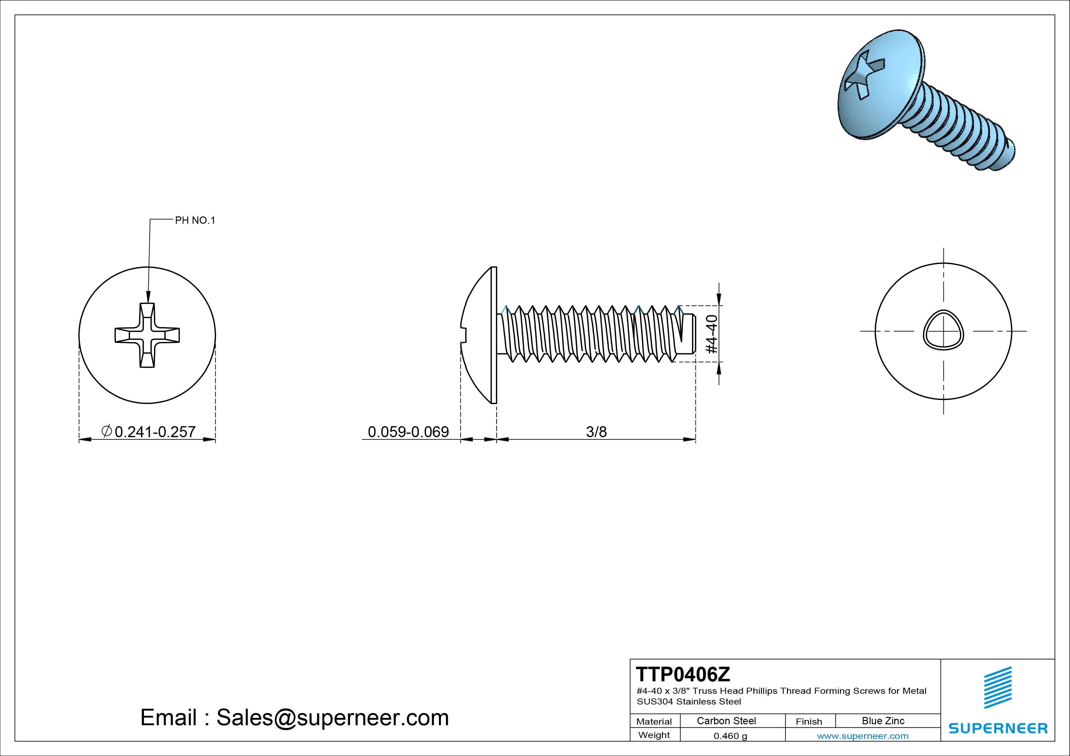4-40 × 3/8 Truss Head Phillips Thread Forming Screws for Metal Steel Blue Zinc Plated