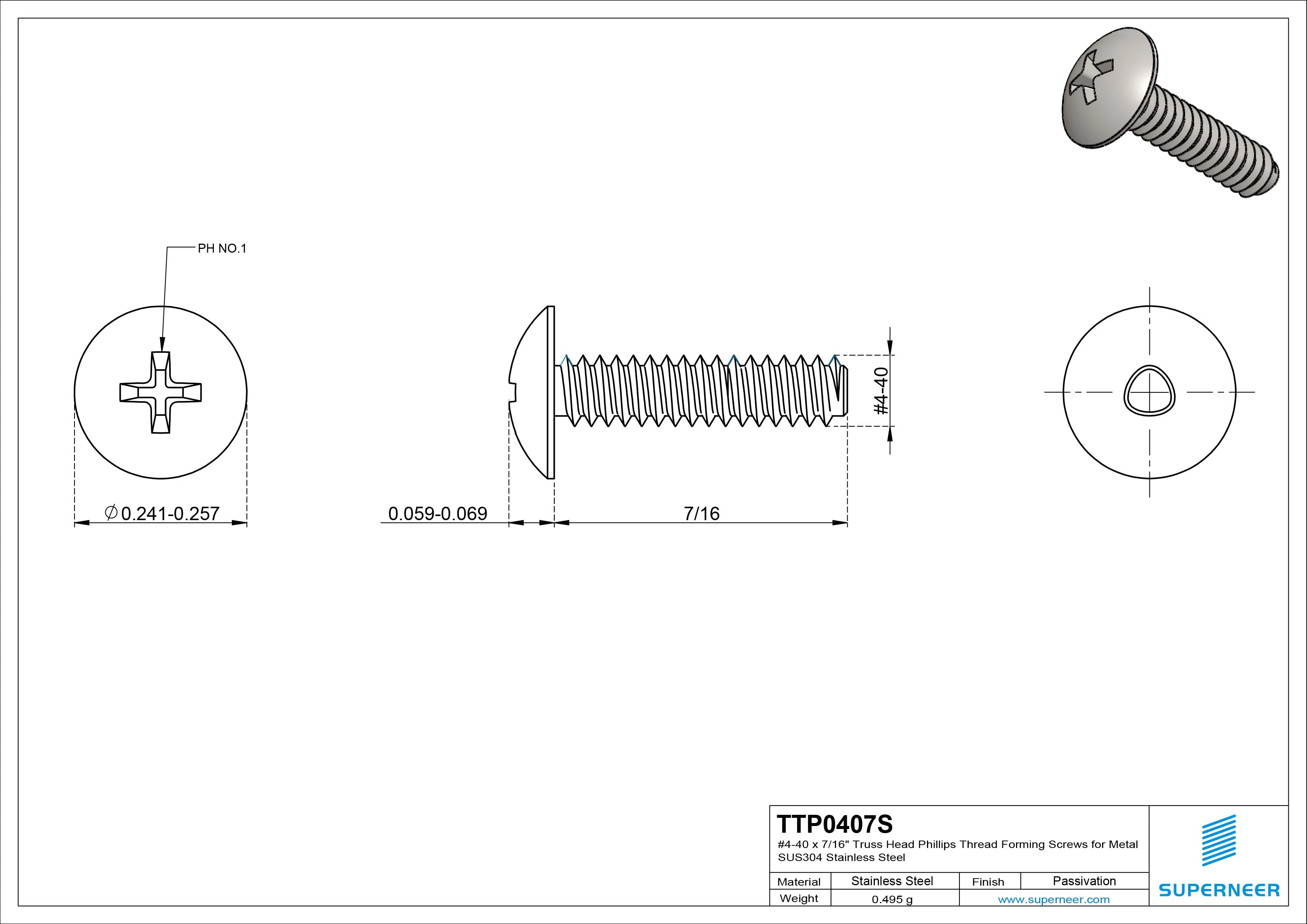 4-40 × 7/16 Truss Head Phillips Thread Forming Screws for Metal SUS304 Stainless Steel Inox