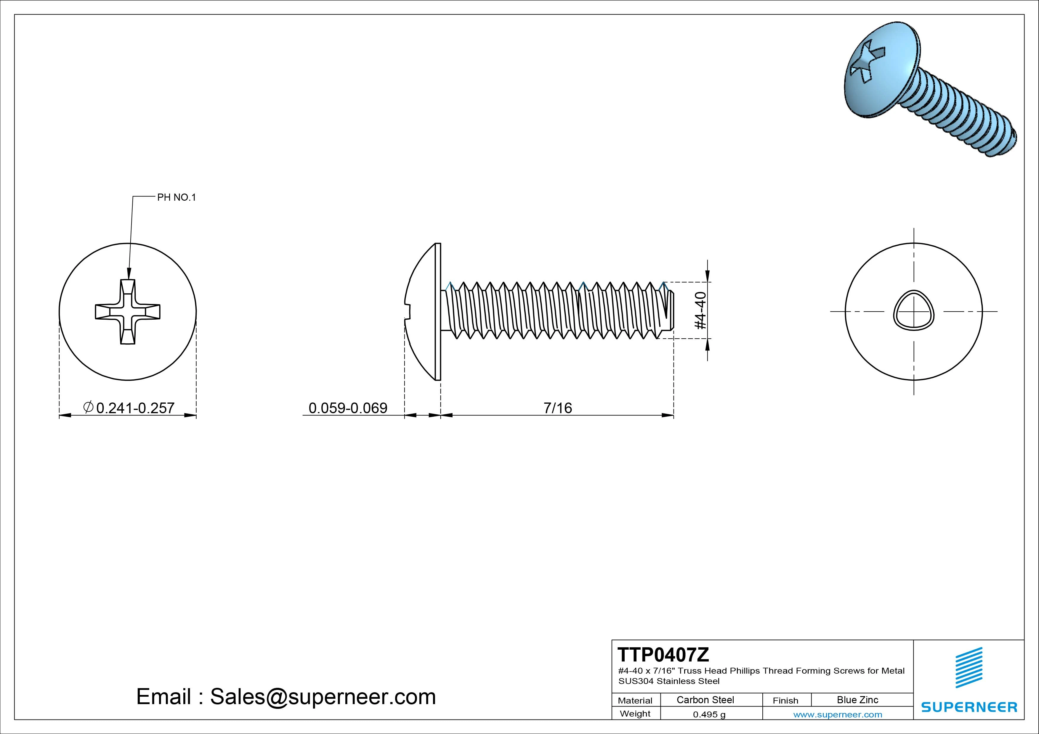 4-40 × 7/16 Truss Head Phillips Thread Forming Screws for Metal Steel Blue Zinc Plated