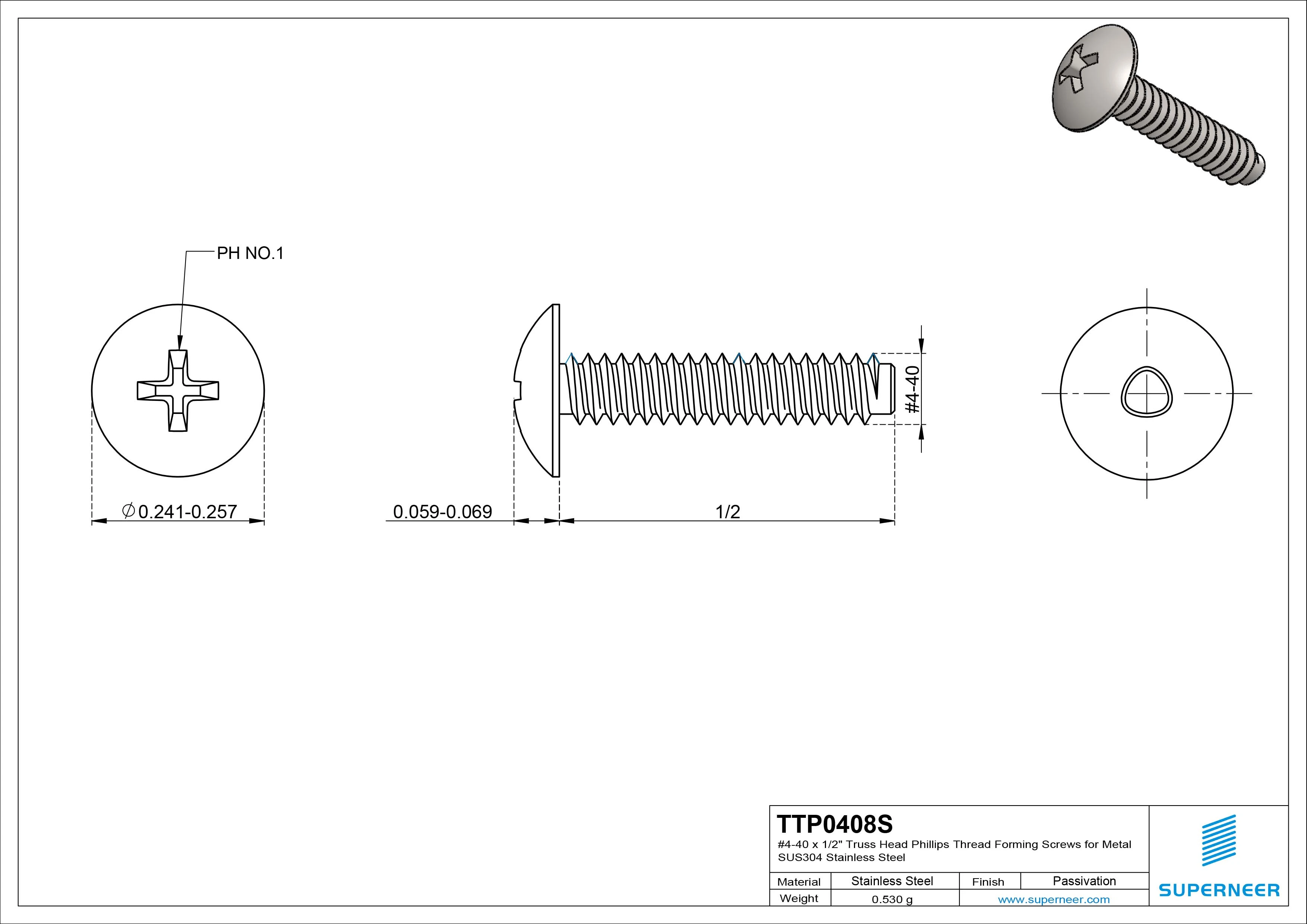 4-40 × 1/2 Truss Head Phillips Thread Forming Screws for Metal SUS304 Stainless Steel Inox