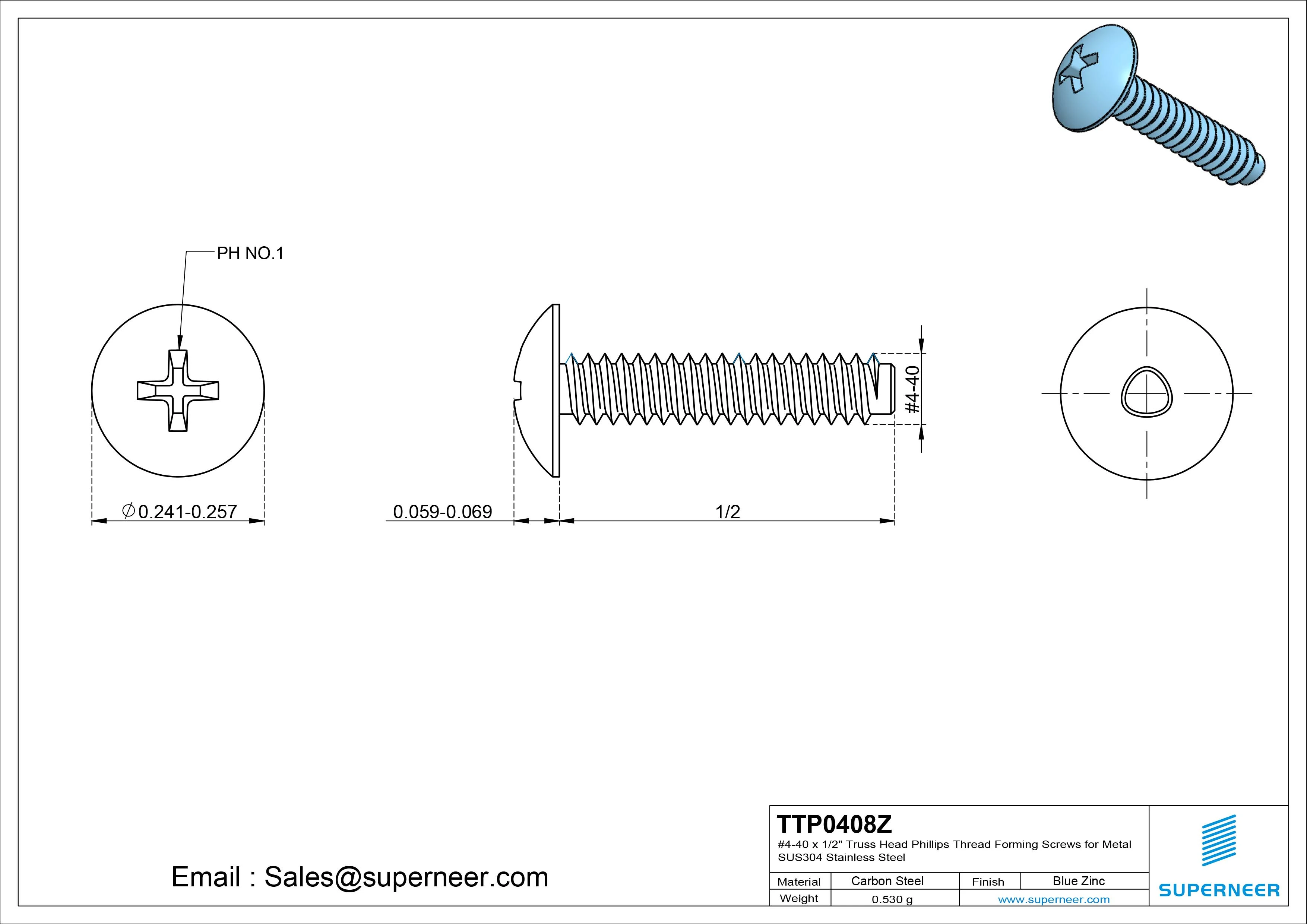 4-40 × 1/2 Truss Head Phillips Thread Forming Screws for Metal Steel Blue Zinc Plated
