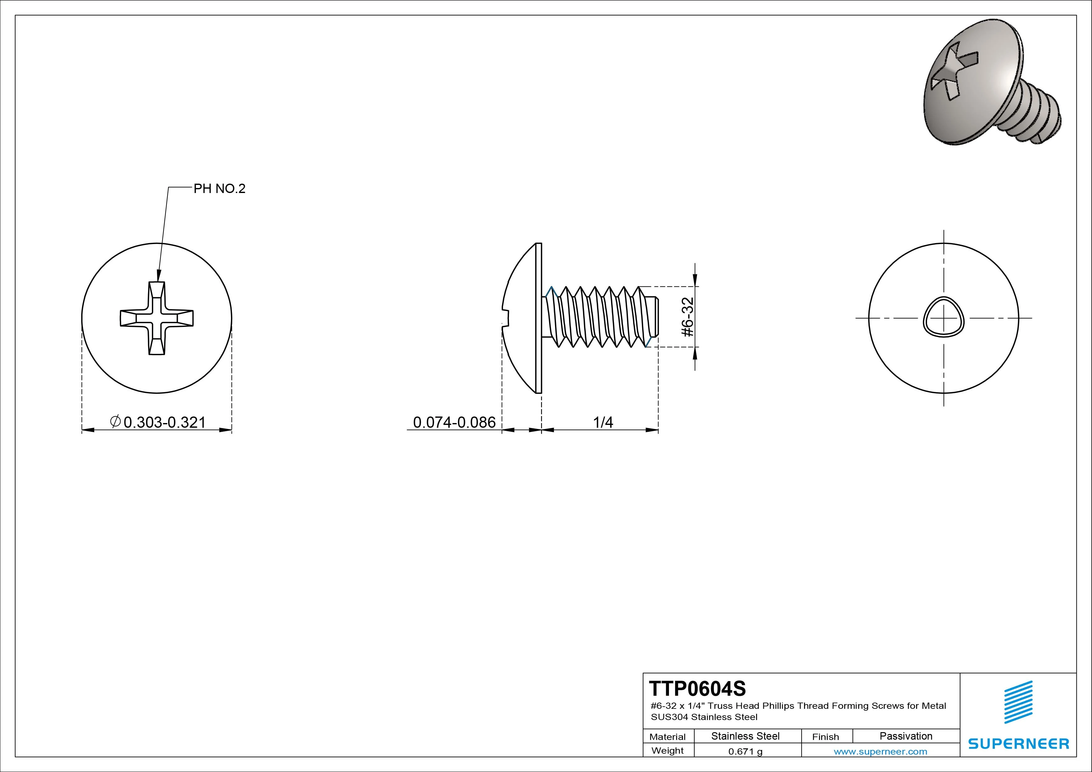 6-32 × 1/4 Truss Head Phillips Thread Forming Screws for Metal SUS304 Stainless Steel Inox
