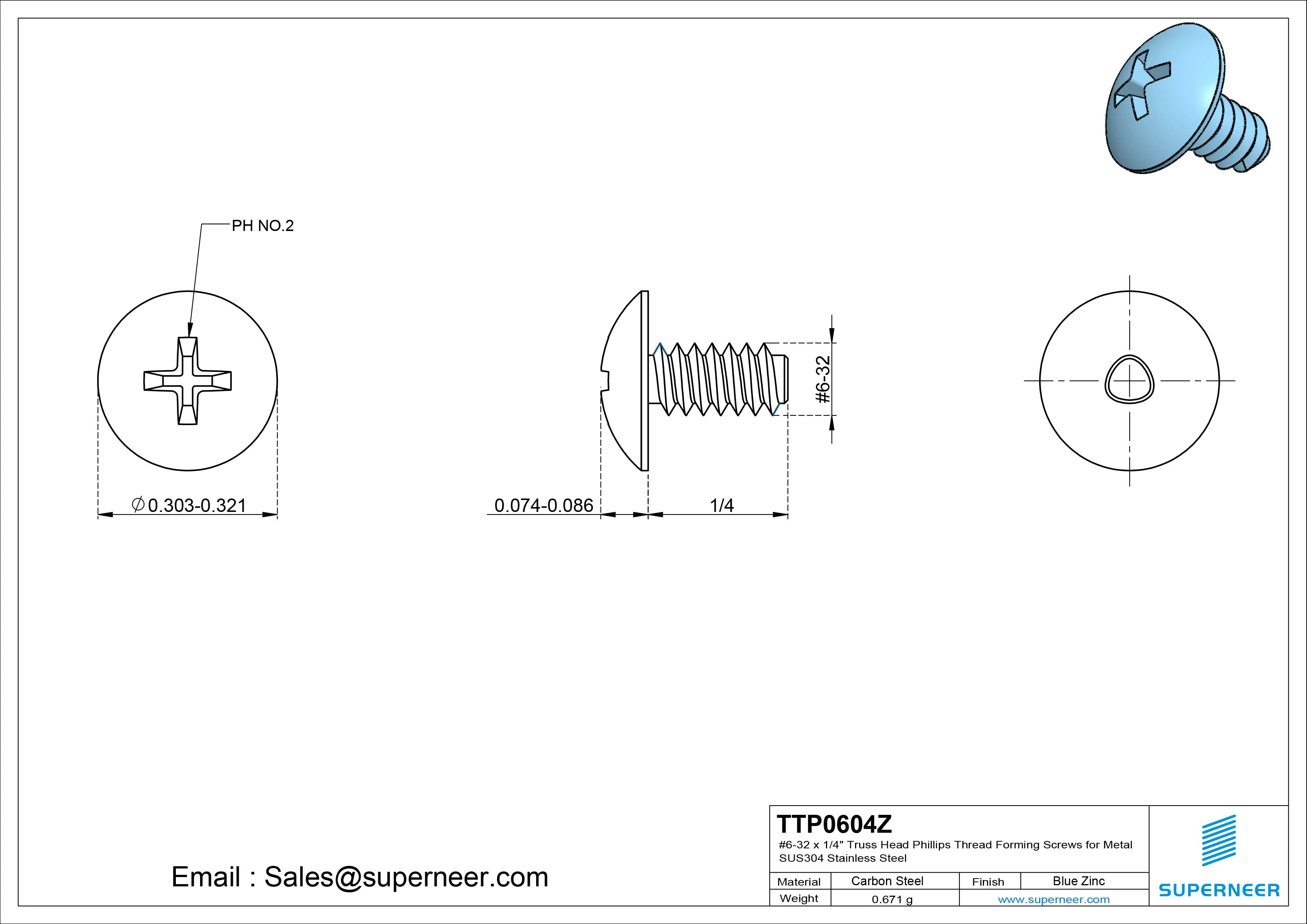 6-32 × 1/4 Truss Head Phillips Thread Forming Screws for Metal Steel Blue Zinc Plated
