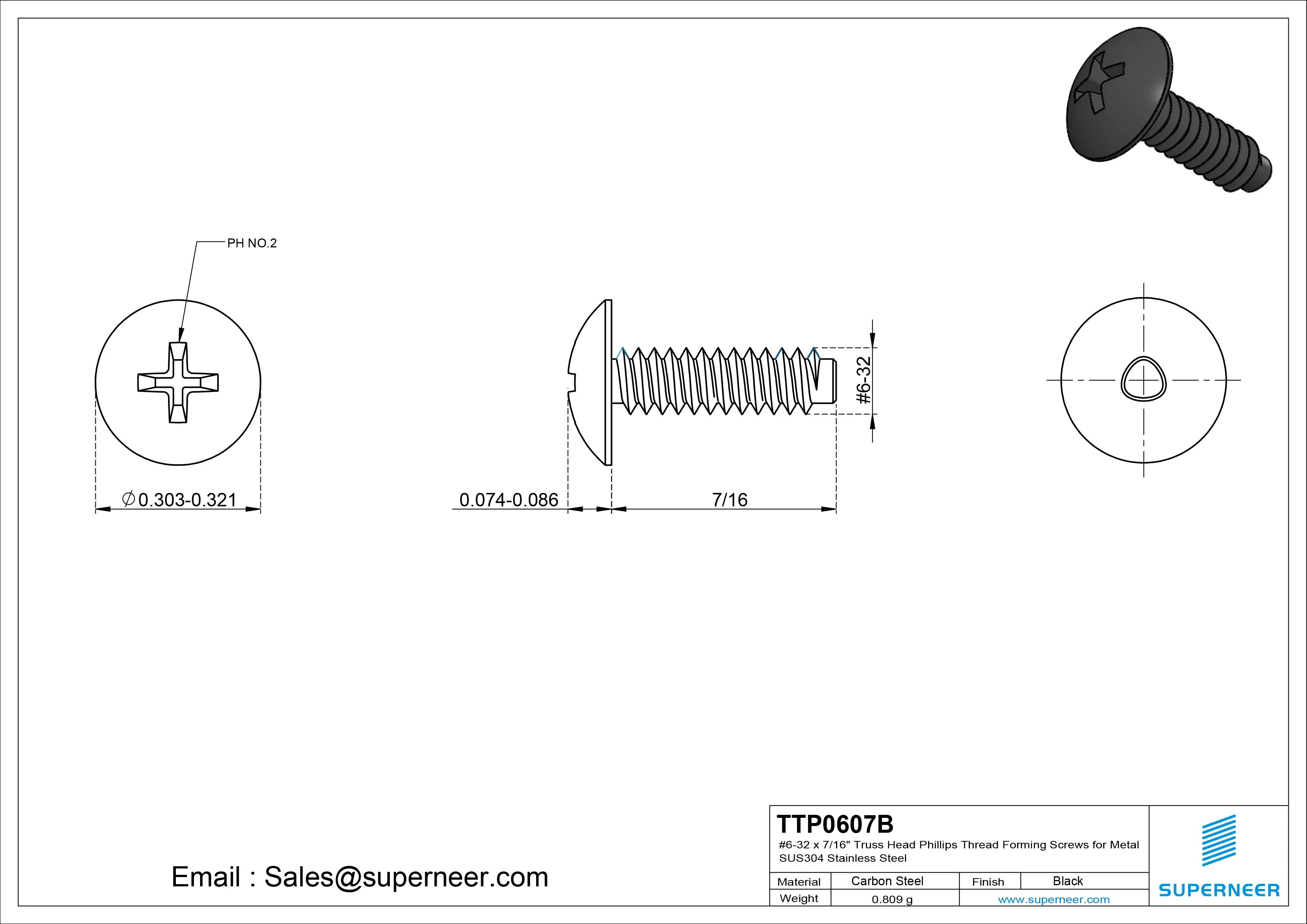6-32 × 7/16 Truss Head Phillips Thread Forming Screws for Metal Steel Black
