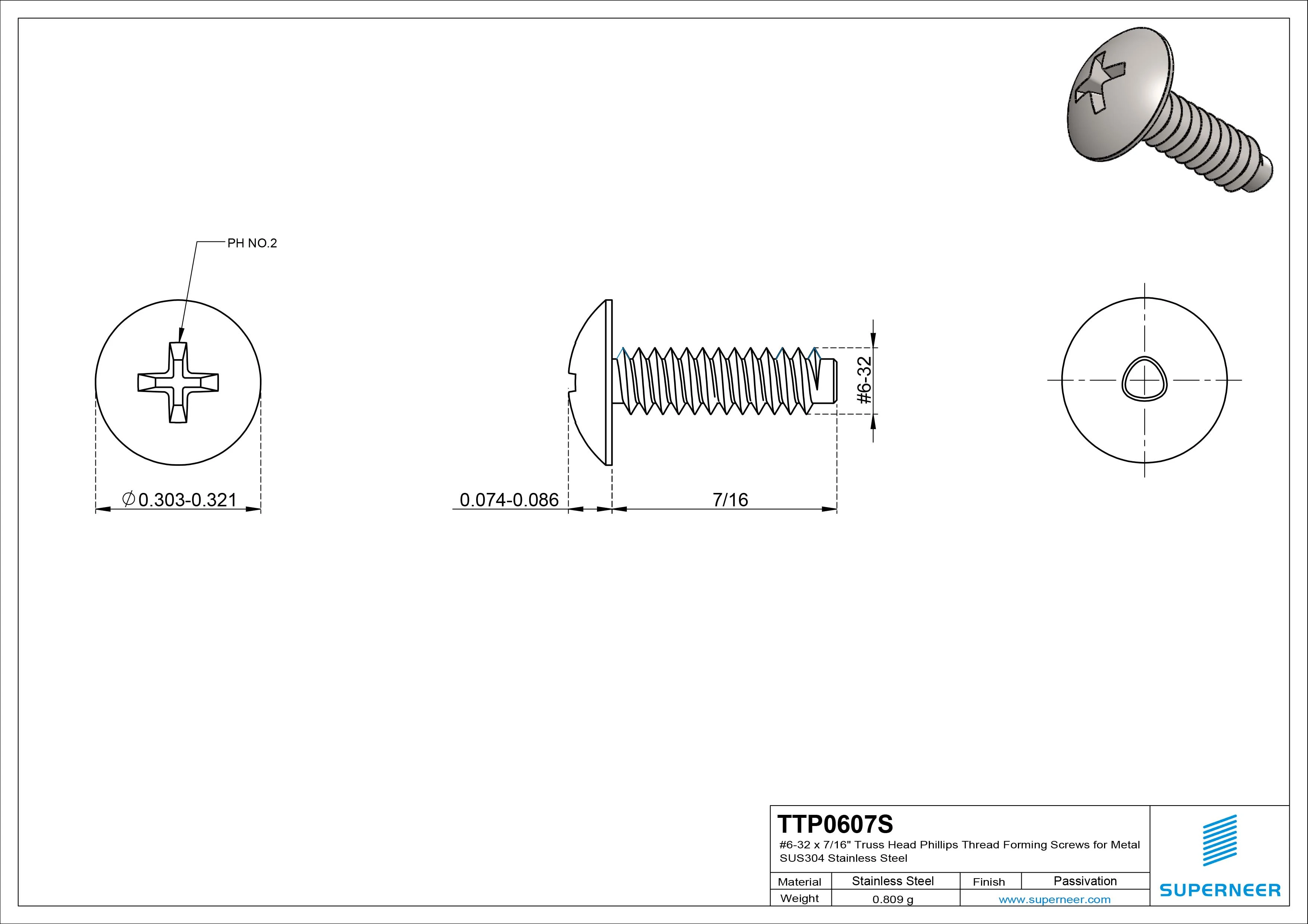 6-32 × 7/16 Truss Head Phillips Thread Forming Screws for Metal SUS304 Stainless Steel Inox