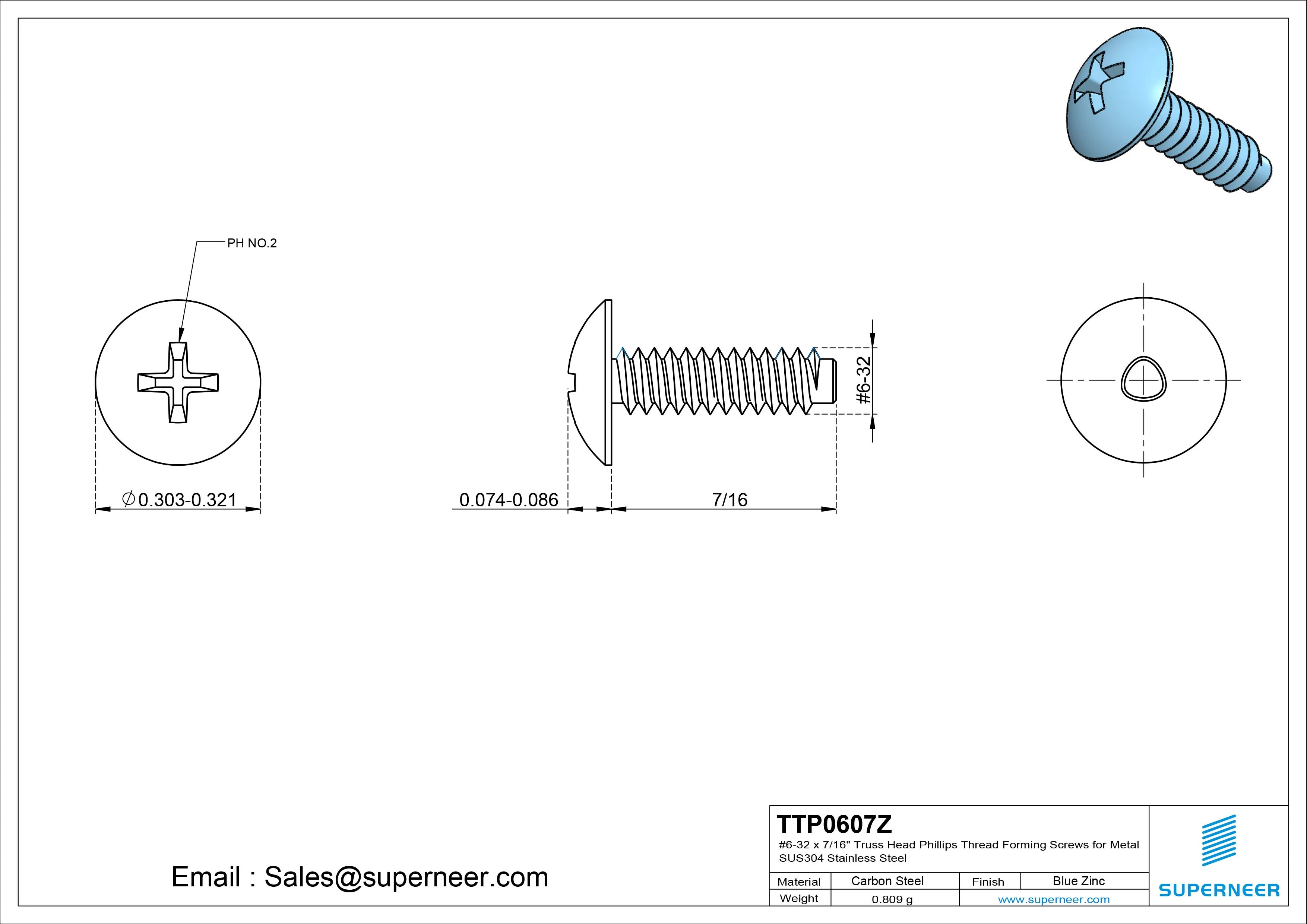 6-32 × 7/16 Truss Head Phillips Thread Forming Screws for Metal Steel Blue Zinc Plated