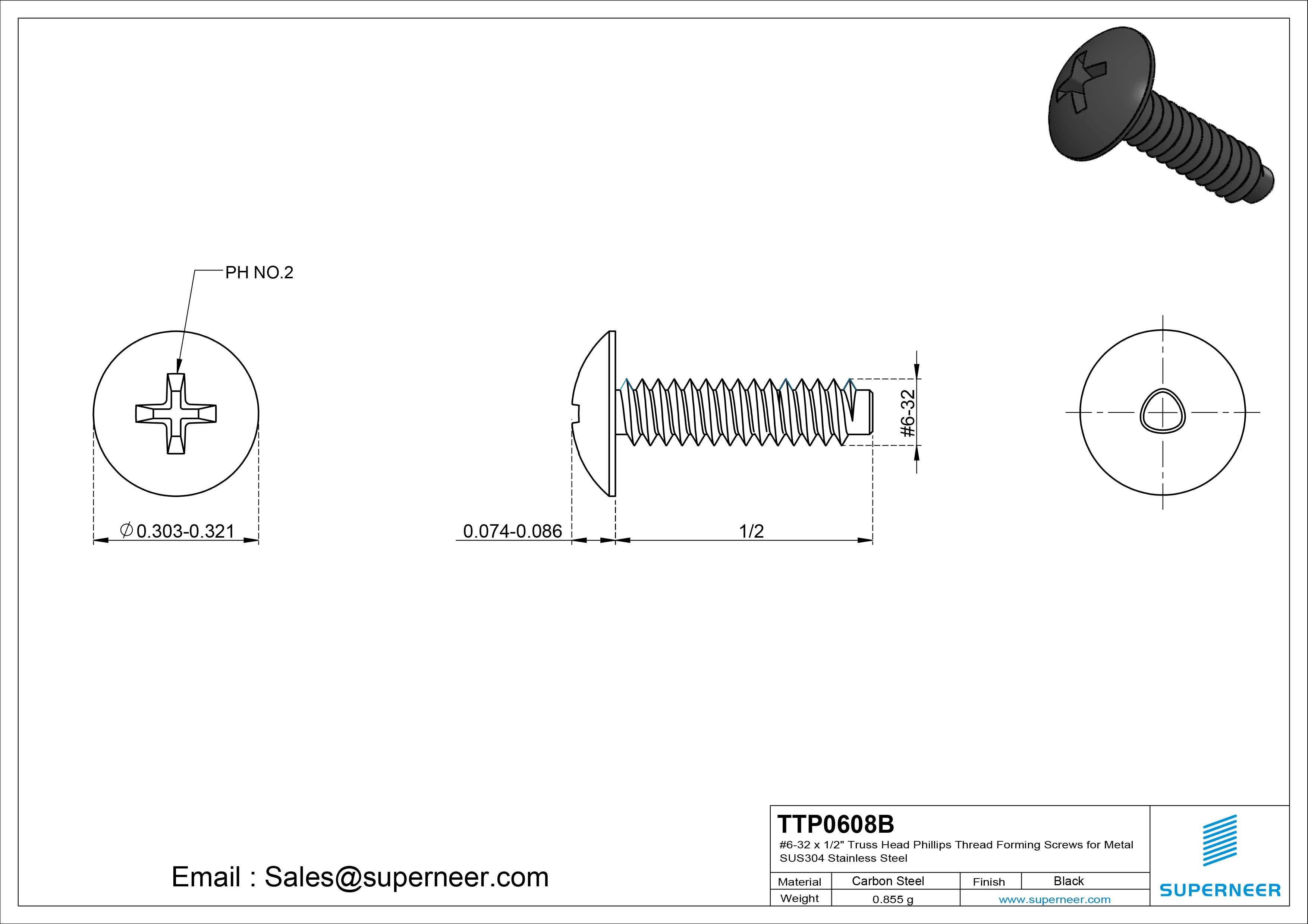 6-32 × 1/2 Truss Head Phillips Thread Forming Screws for Metal Steel Black