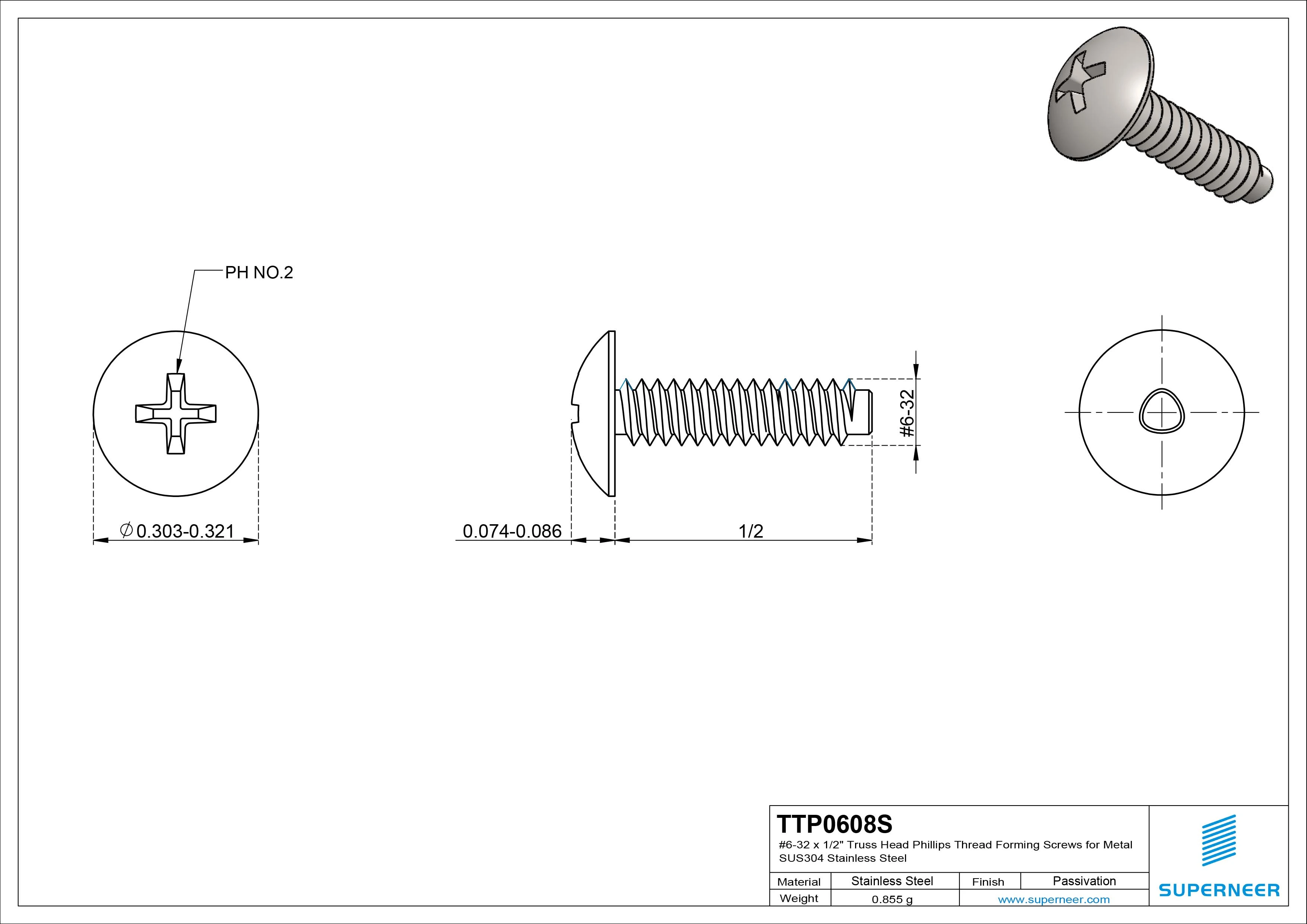 6-32 × 1/2 Truss Head Phillips Thread Forming Screws for Metal SUS304 Stainless Steel Inox