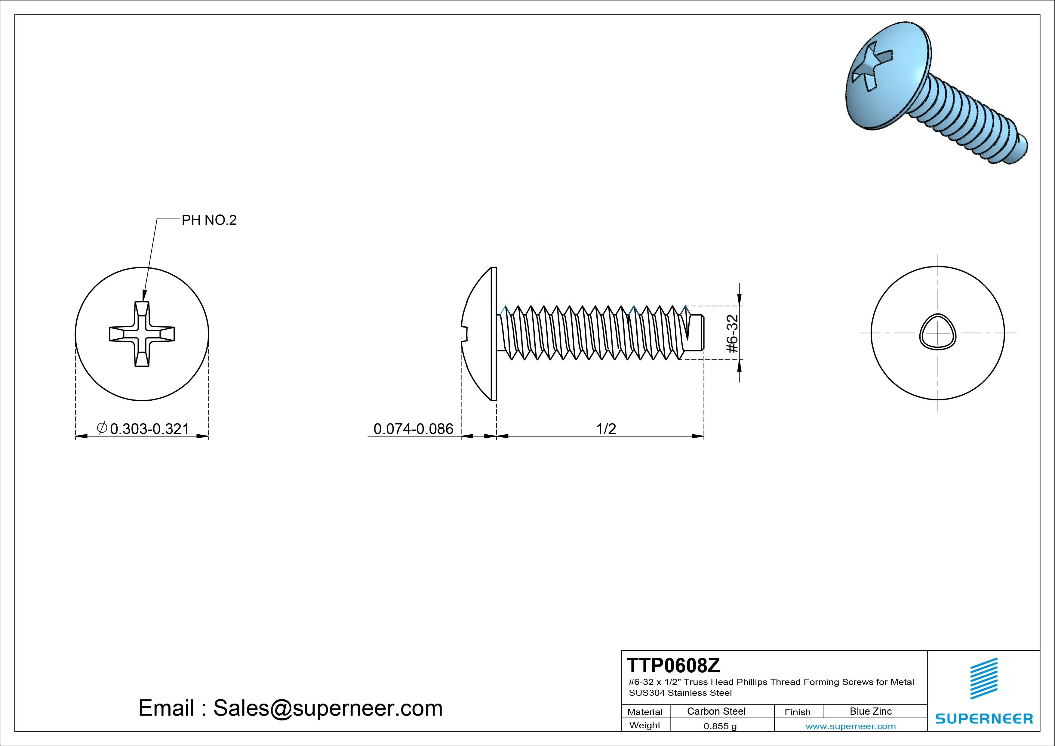 6-32 × 1/2 Truss Head Phillips Thread Forming Screws for Metal Steel Blue Zinc Plated