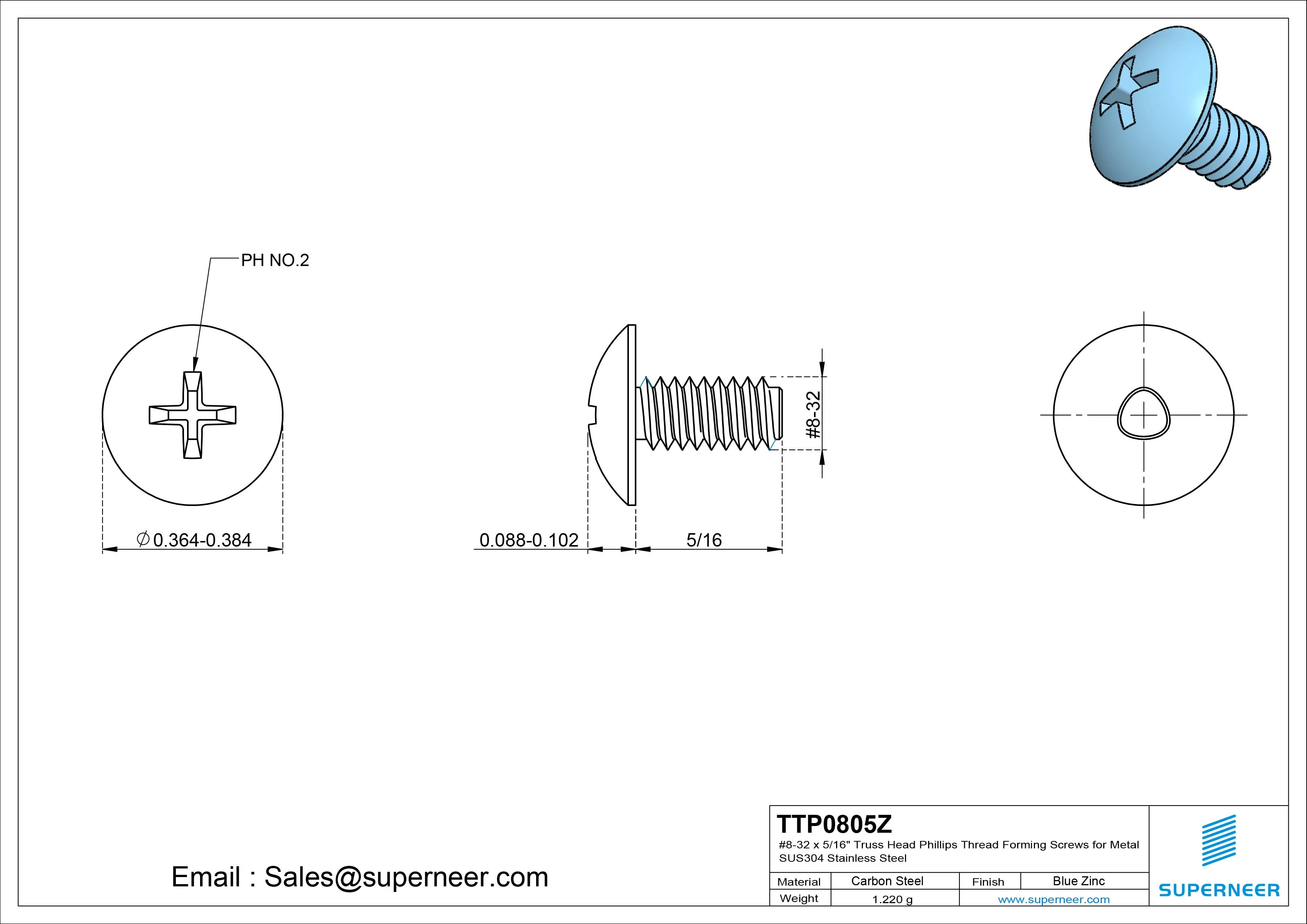 8-32 × 5/16 Truss Head Phillips Thread Forming Screws for Metal Steel Blue Zinc Plated