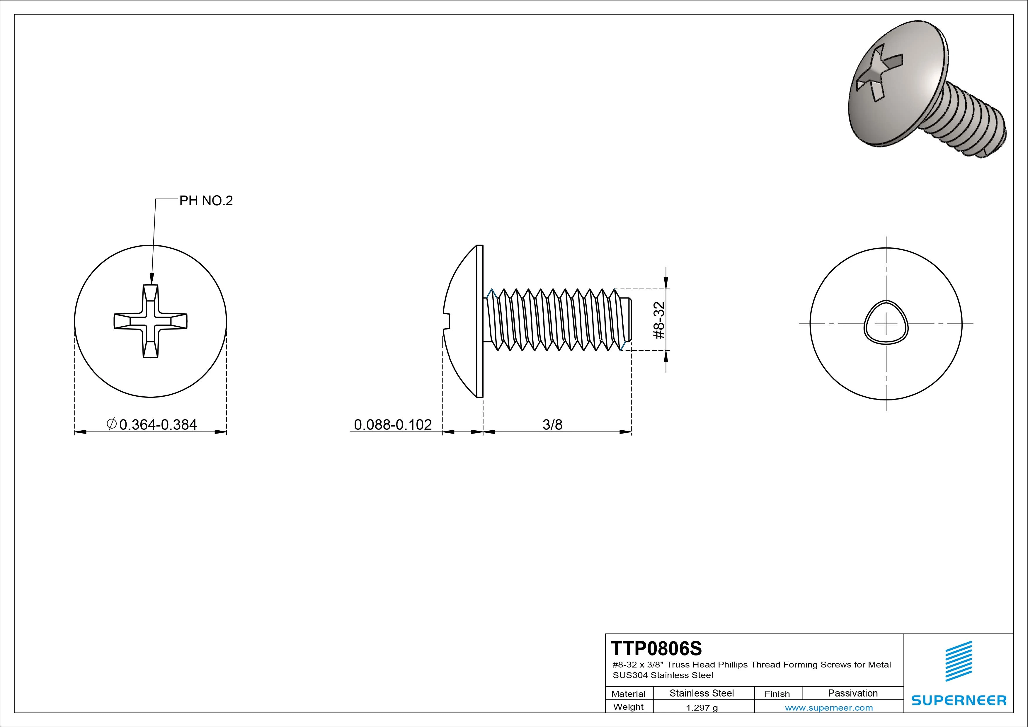 8-32 × 3/8 Truss Head Phillips Thread Forming Screws for Metal SUS304 Stainless Steel Inox
