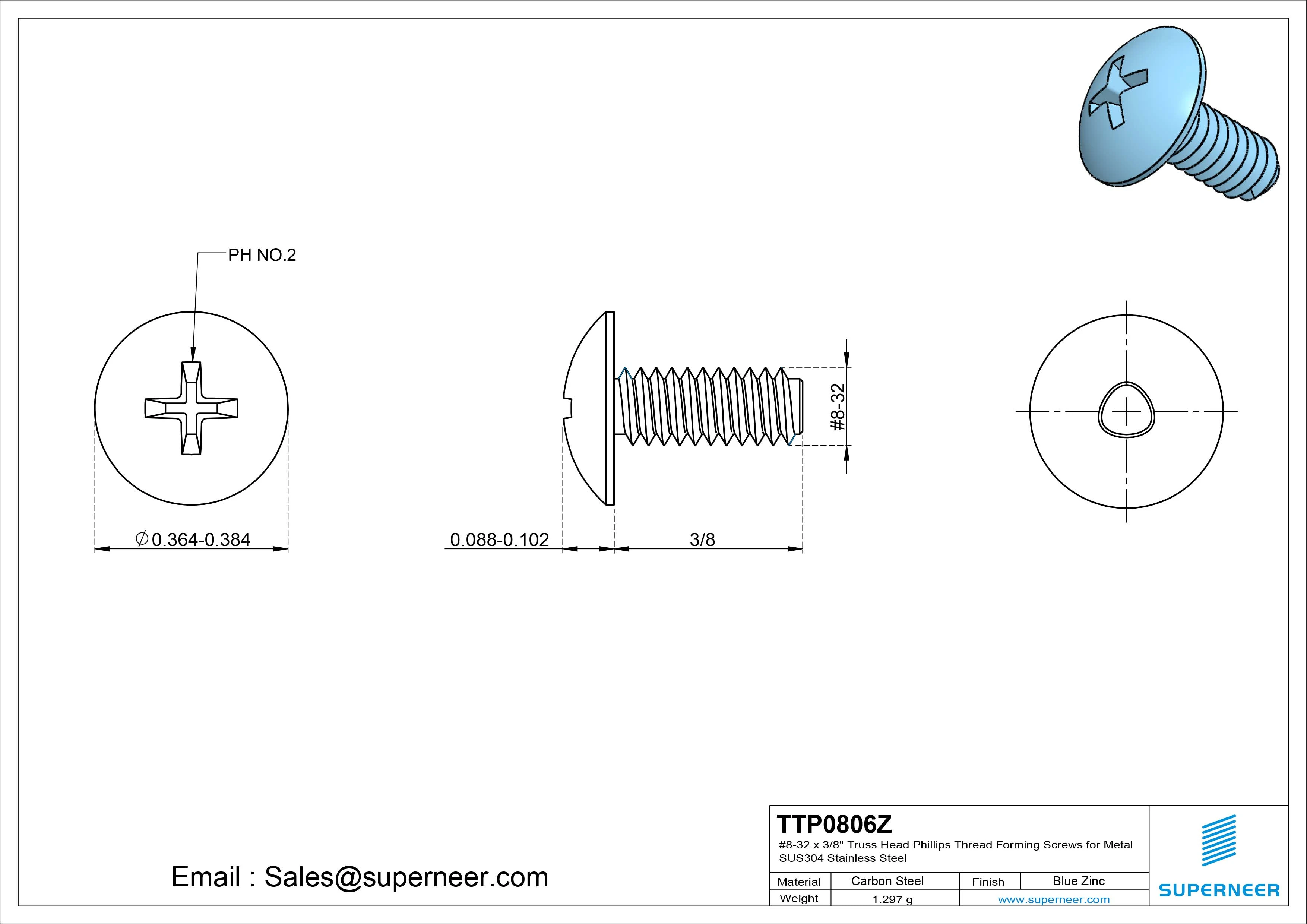 8-32 × 3/8 Truss Head Phillips Thread Forming Screws for Metal Steel Blue Zinc Plated