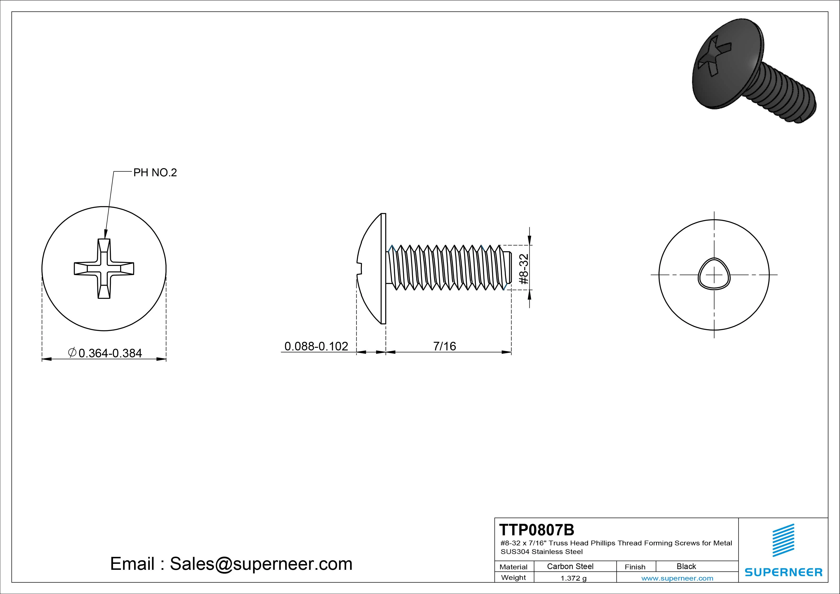 8-32 × 7/16 Truss Head Phillips Thread Forming Screws for Metal Steel Black