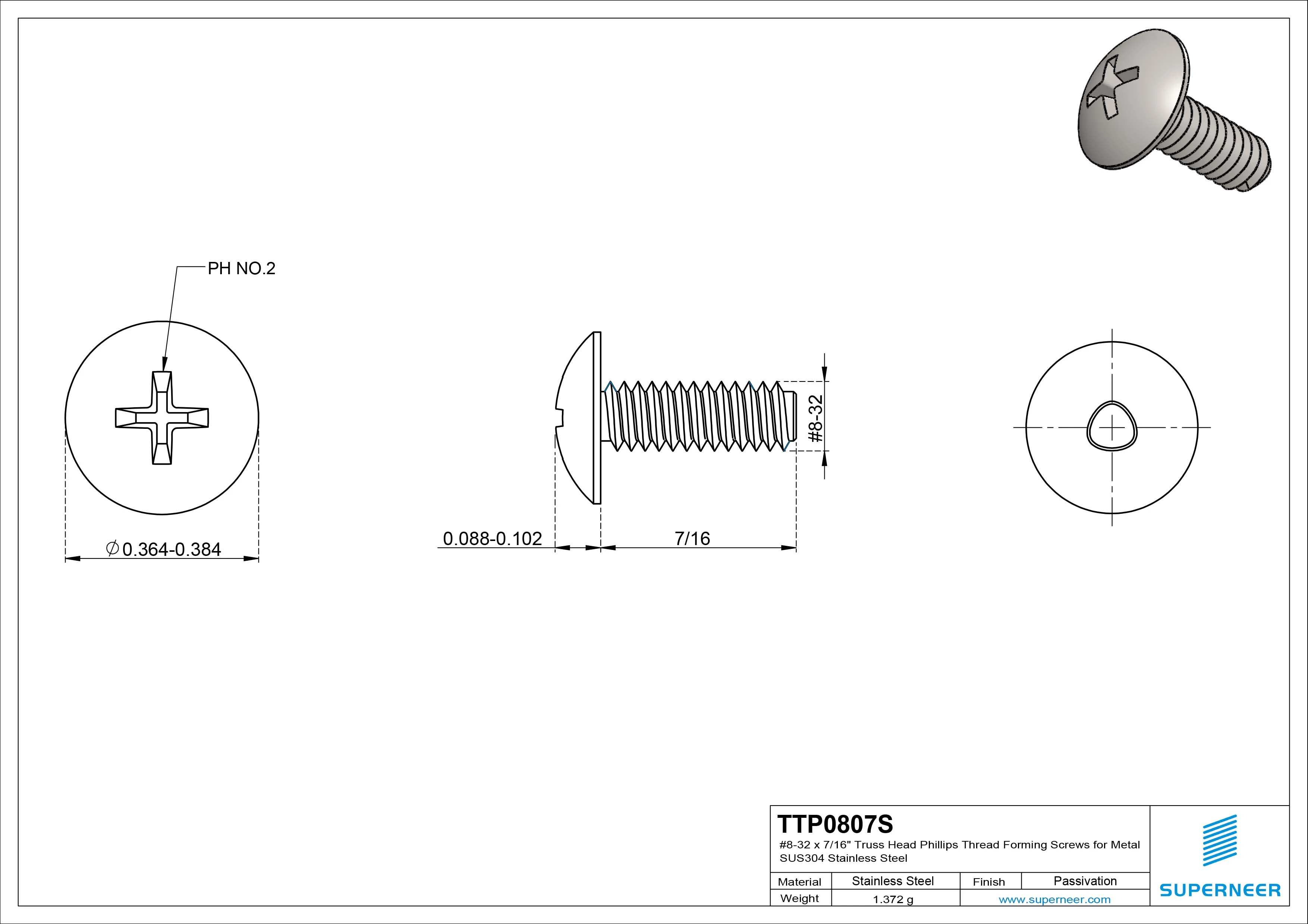 8-32 × 7/16 Truss Head Phillips Thread Forming Screws for Metal SUS304 Stainless Steel Inox