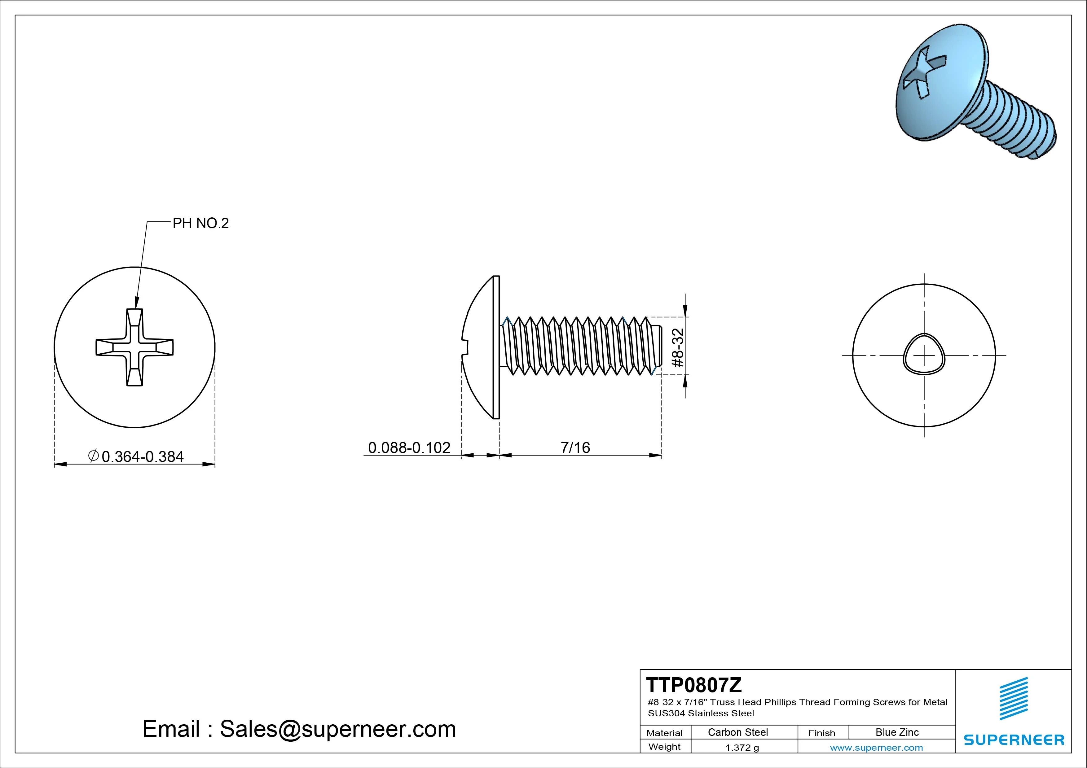 8-32 × 7/16 Truss Head Phillips Thread Forming Screws for Metal Steel Blue Zinc Plated