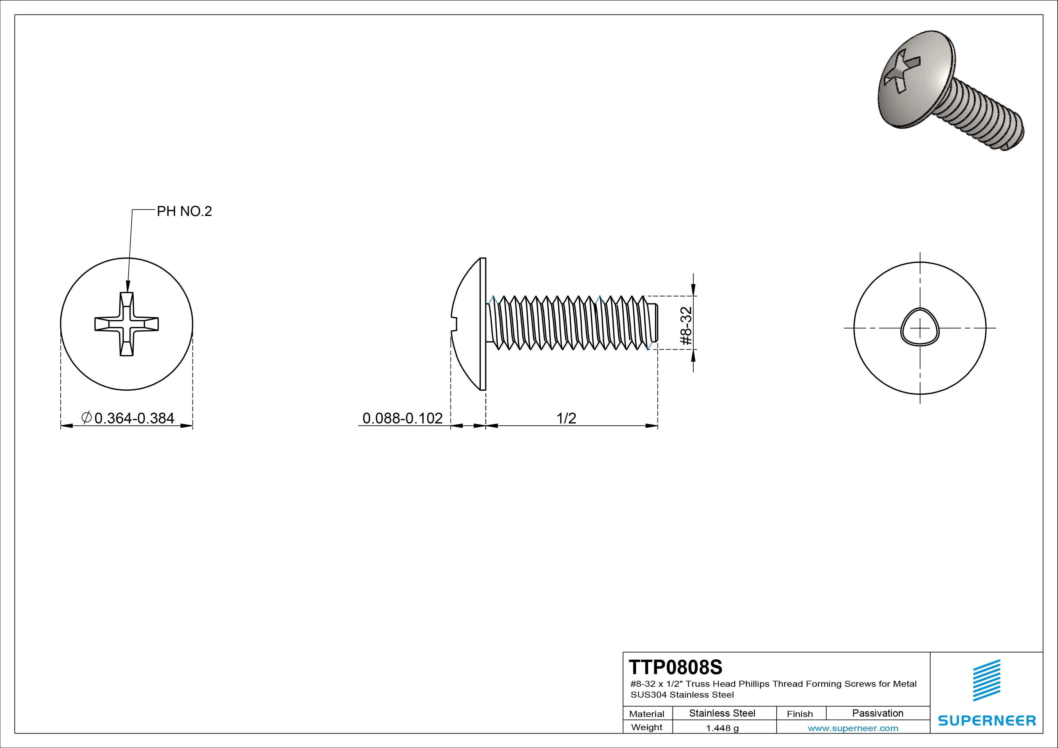 8-32 × 1/2 Truss Head Phillips Thread Forming Screws for Metal SUS304 Stainless Steel Inox