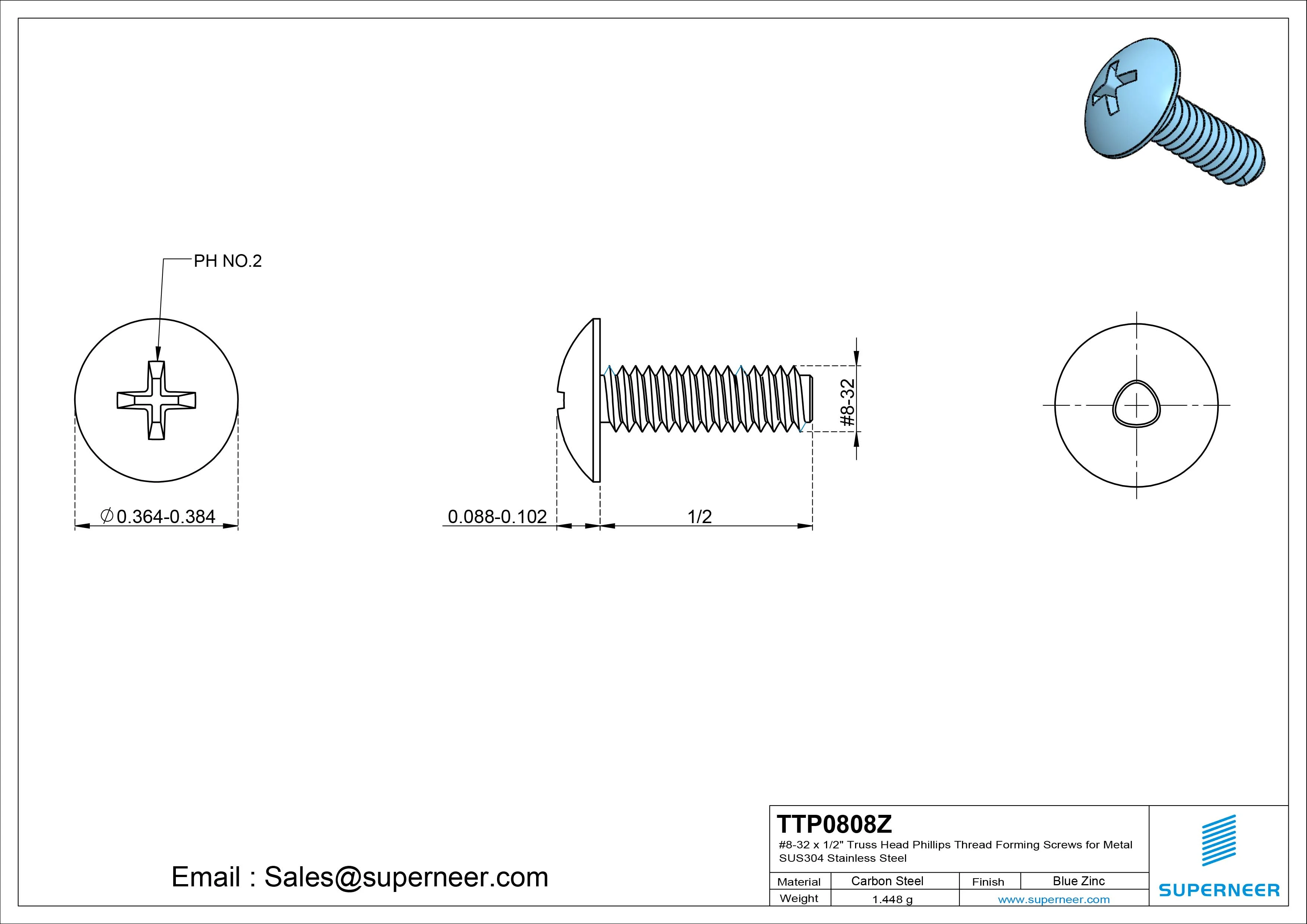 8-32 × 1/2 Truss Head Phillips Thread Forming Screws for Metal Steel Blue Zinc Plated