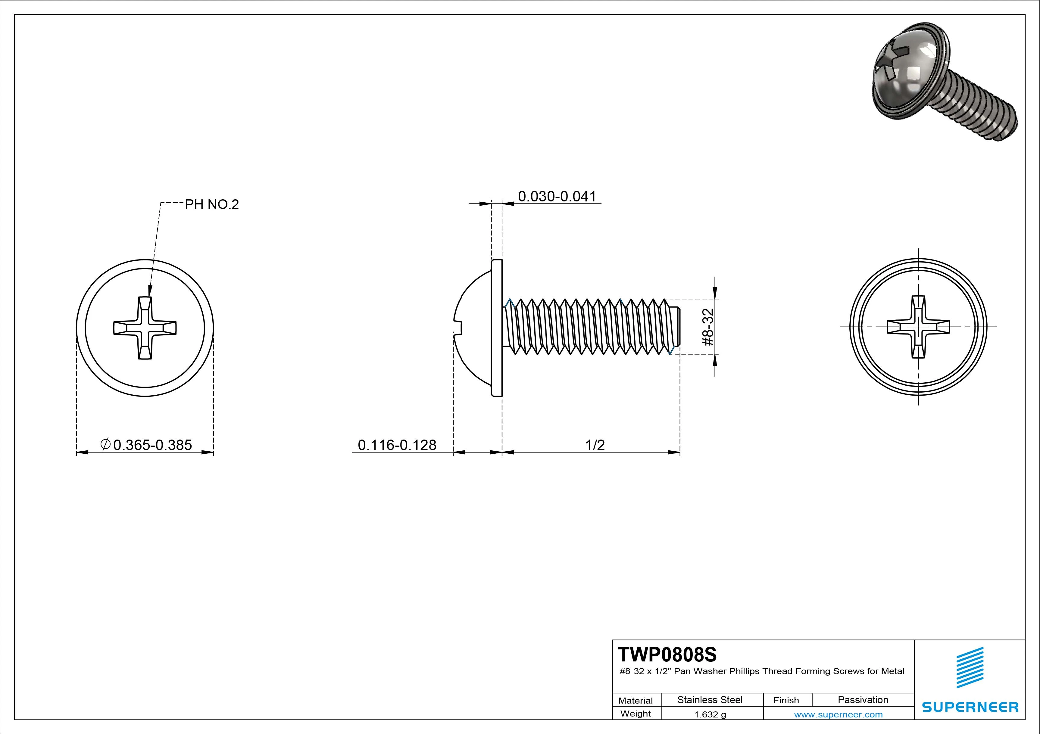 8-32 × 1/2 Pan Washer Phillips Thread Forming  Screws for Metal  SUS304 Stainless Steel Inox