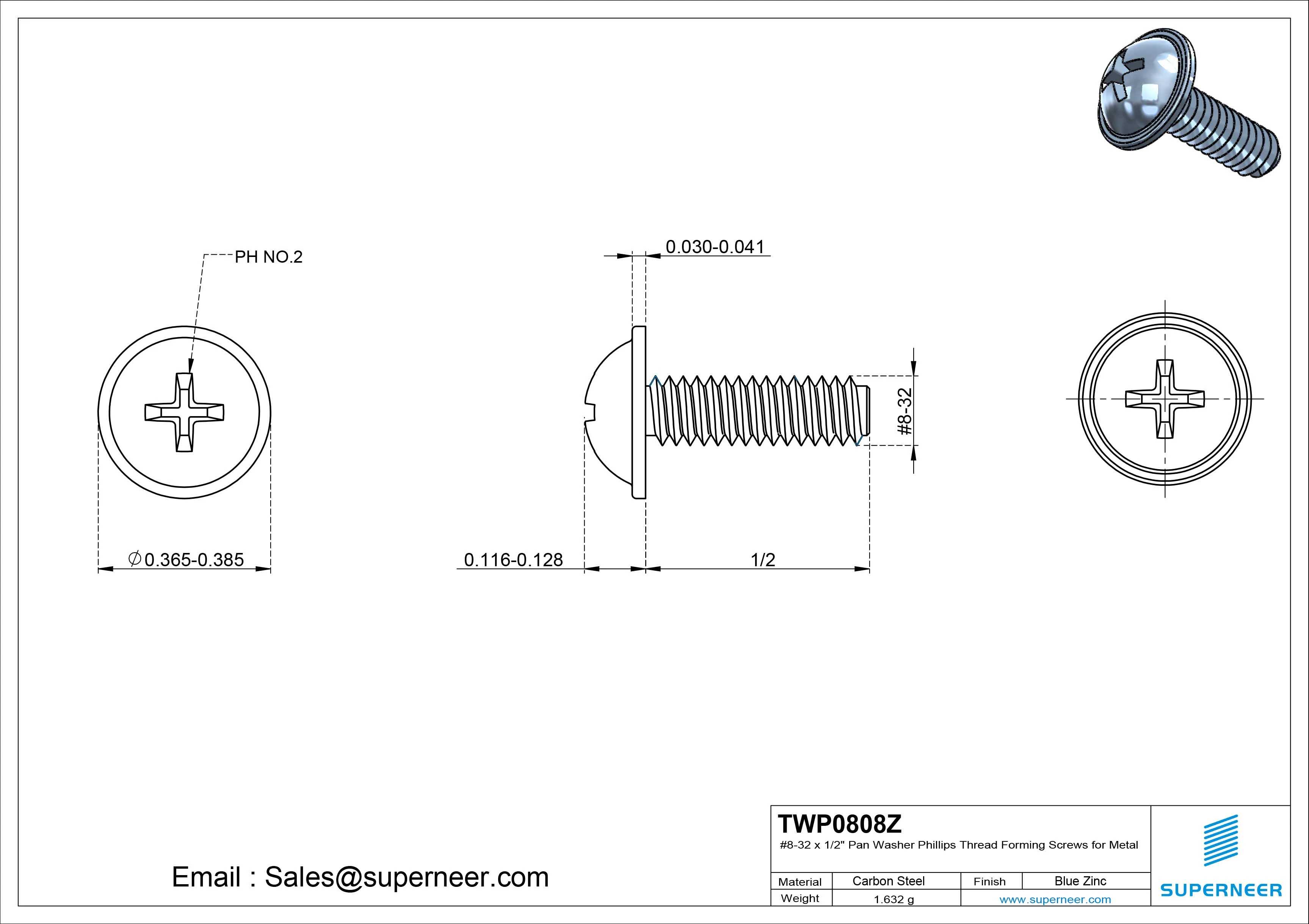 8-32 × 1/2 Pan Washer Phillips Thread Forming  Screws for Metal  Steel Blue Zinc Plated