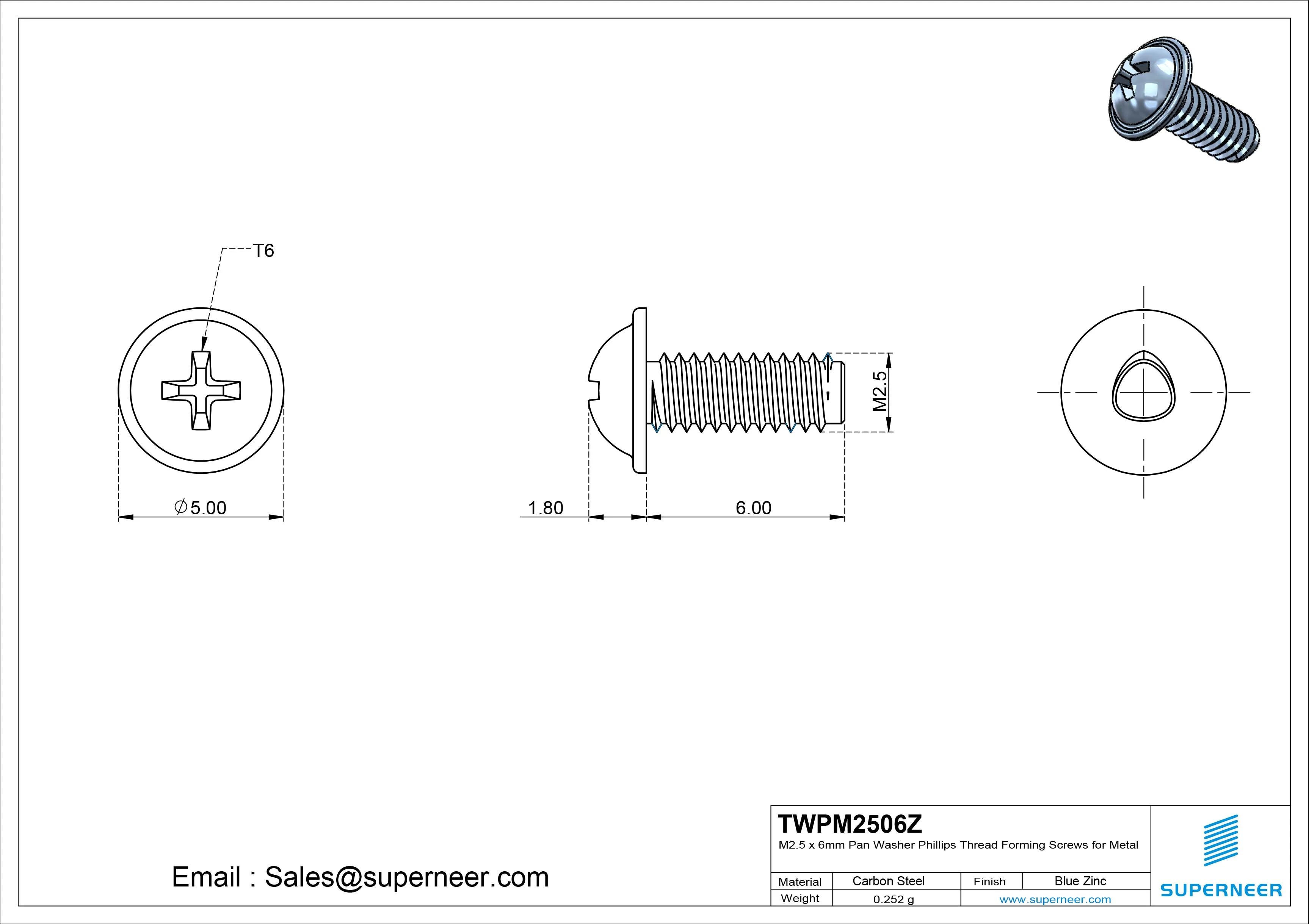 M2.5 × 6mm Pan Washer Phillips Thread Forming Screws for Metal Steel Blue Zinc Plated